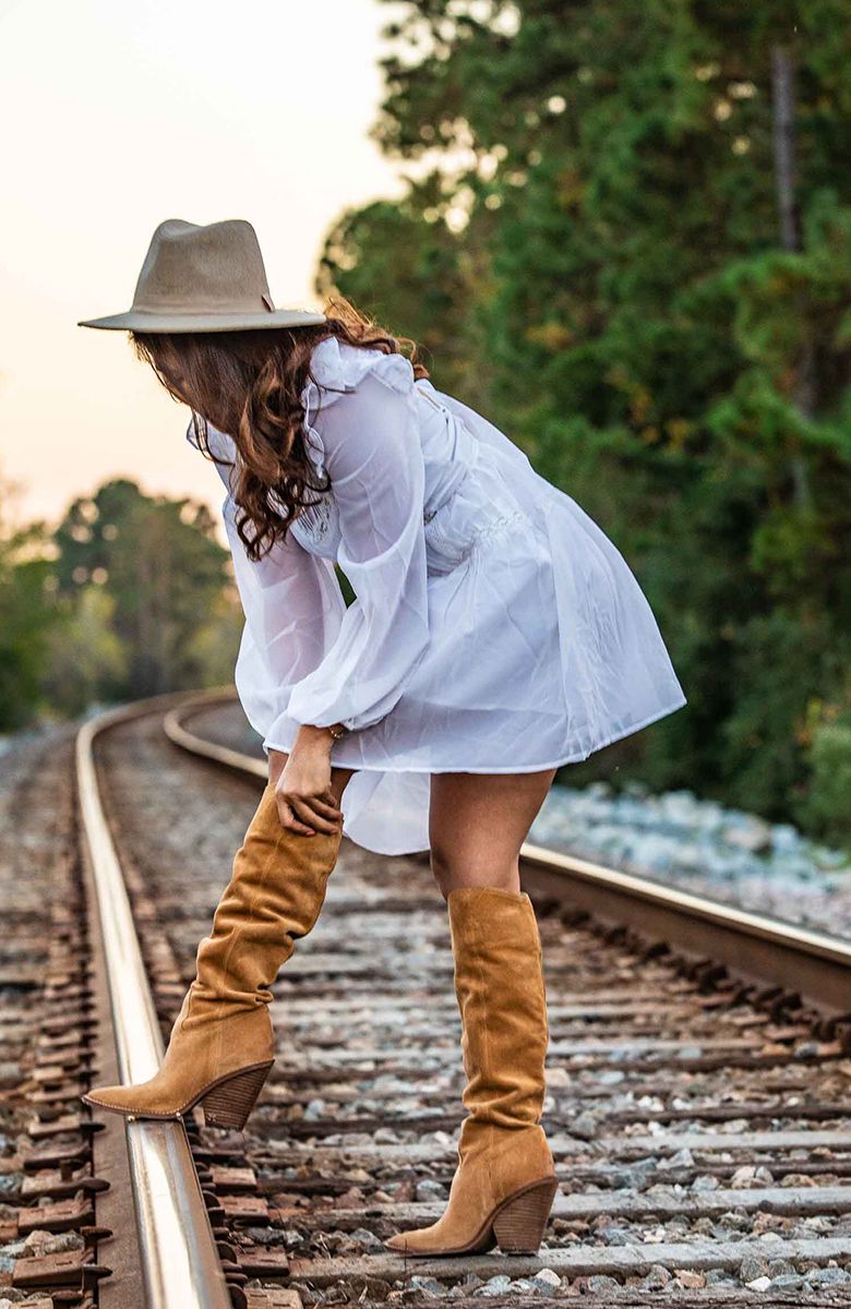 Fashion shot of western style outfit with boots and hat on railroad tracks at sunset.