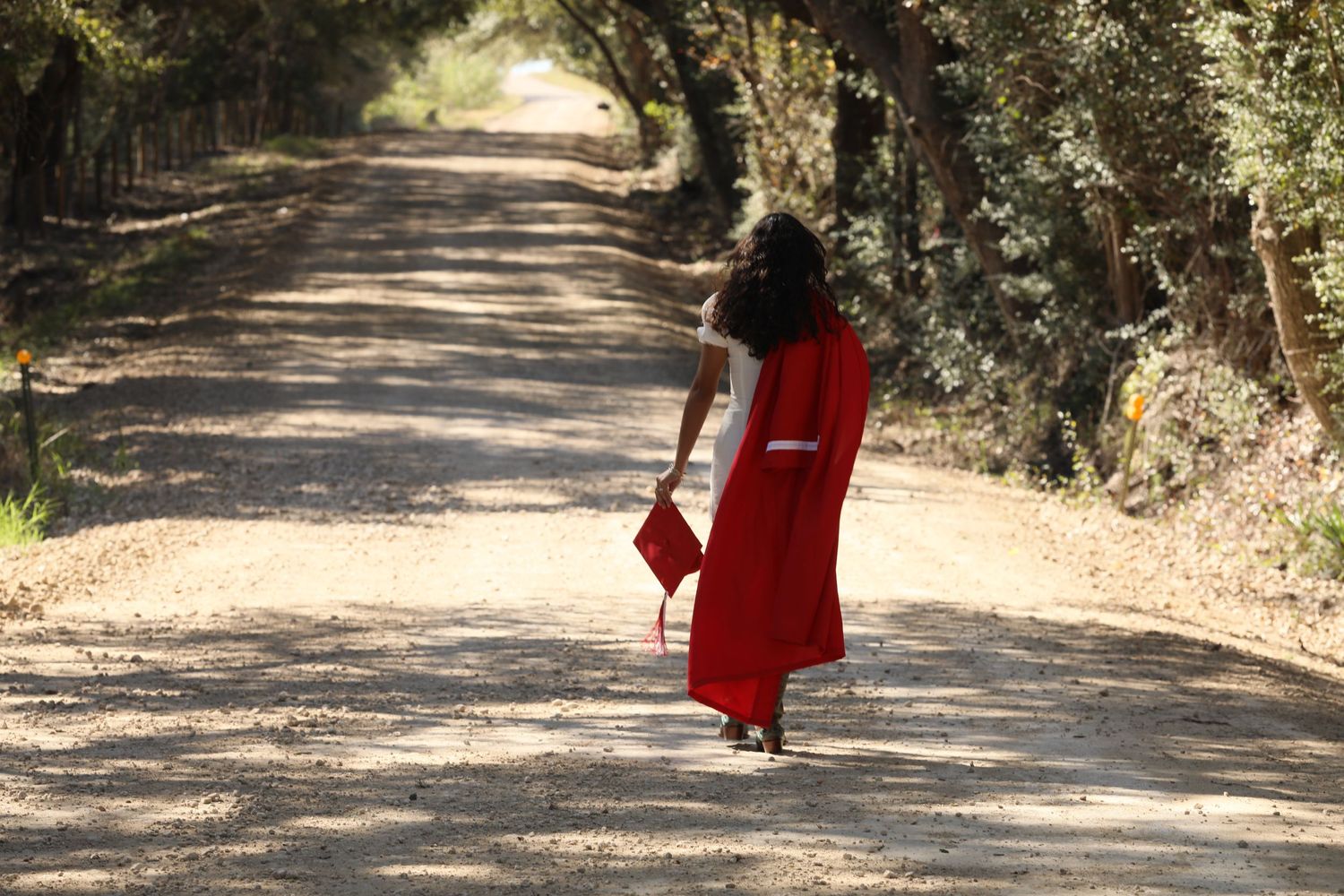 Person in red graduation gown walks down a tree-lined path with diploma in hand.