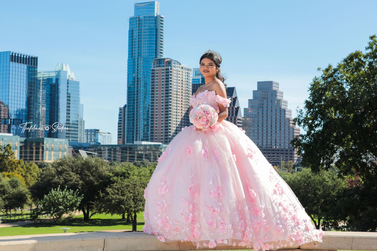 Princess-style pink ball gown with city skyline backdrop in downtown park setting.