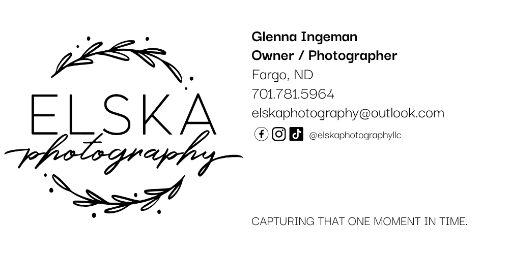 A minimalist business card design for Elska Photography features a delicate floral wreath logo.