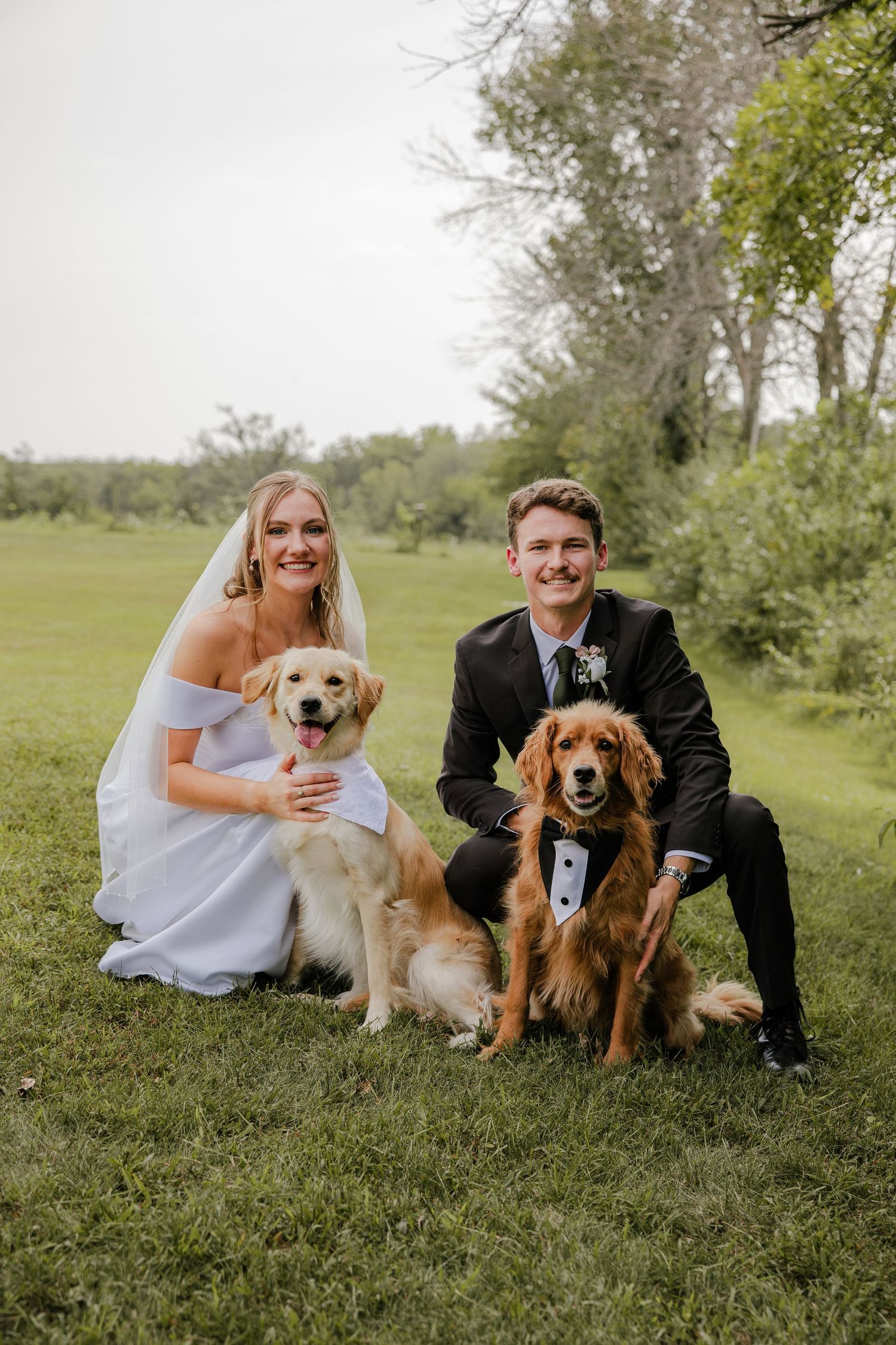 Smiling bride and groom pose on the grass with two golden retriever dogs, one wearing a bow tie.