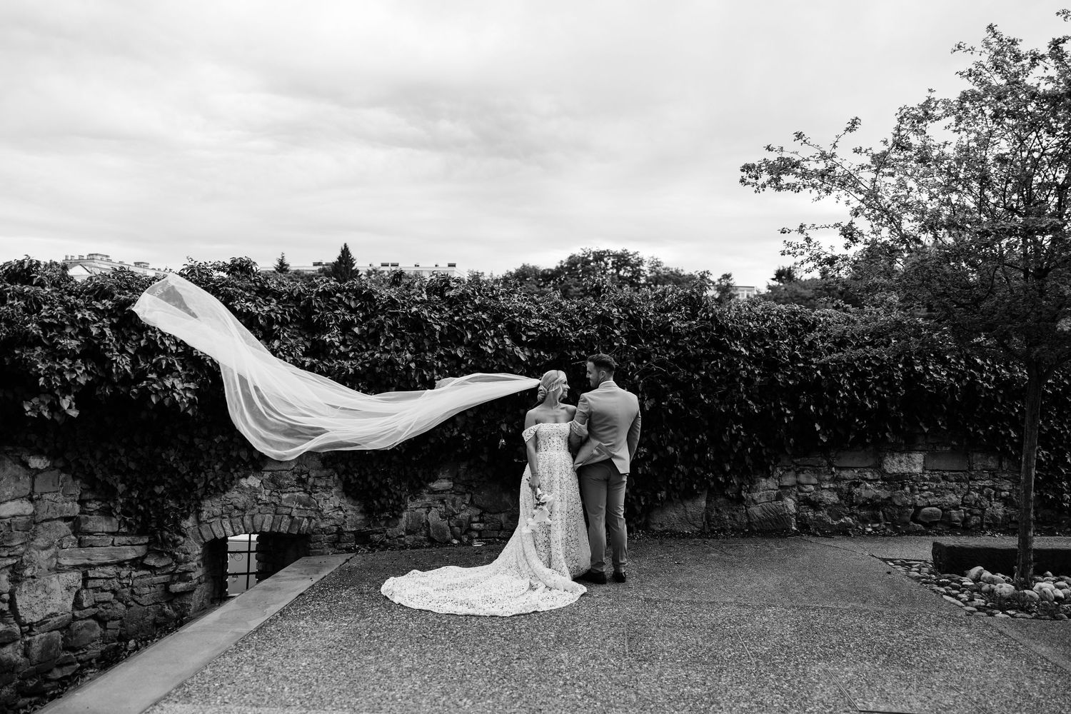 Black and white photo of bride's veil blowing in wind beside groom in garden setting.