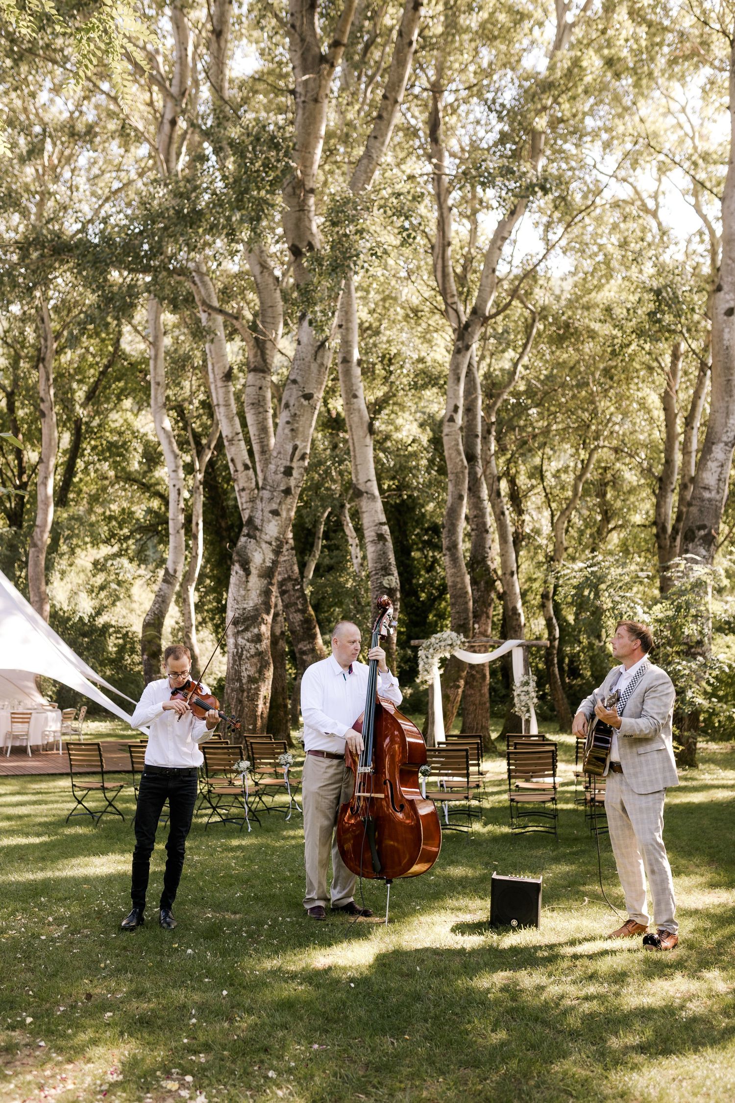 Three musicians play violin, double bass, and guitar outdoors at a wedding ceremony surrounded by tall trees.