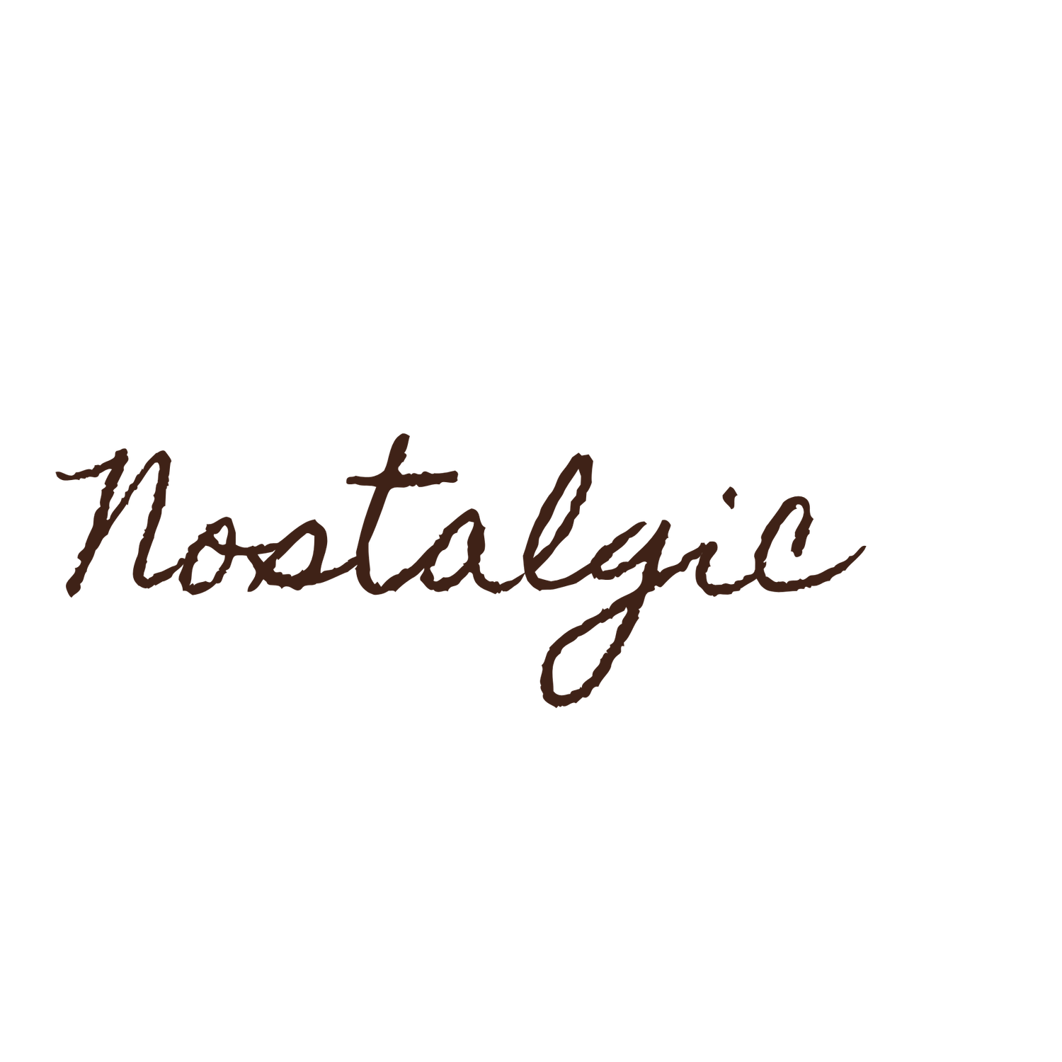 Stylish cursive handwritten text reading Nostalgic in brown ink on white background.