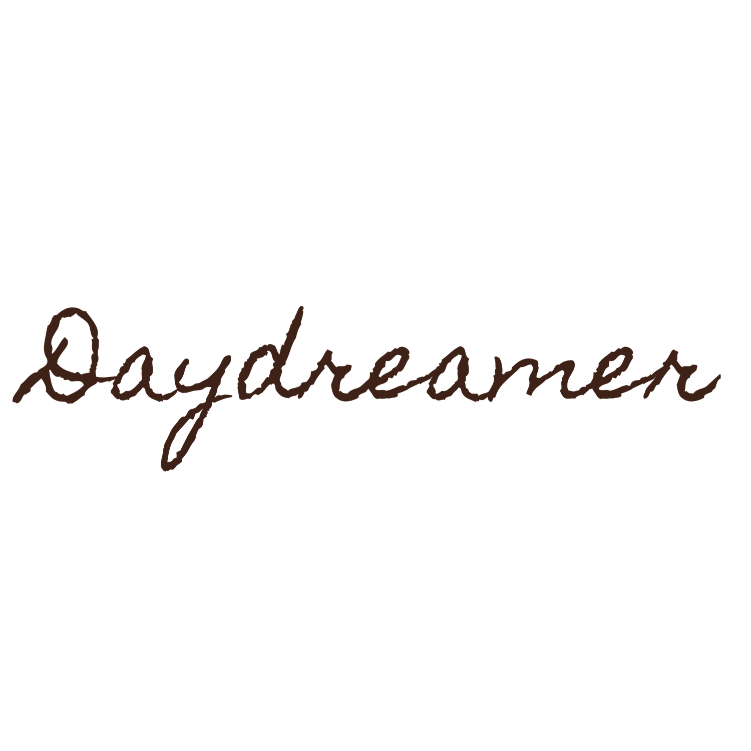 Stylish cursive handwritten text reading Daydreamer in brown ink on white background.