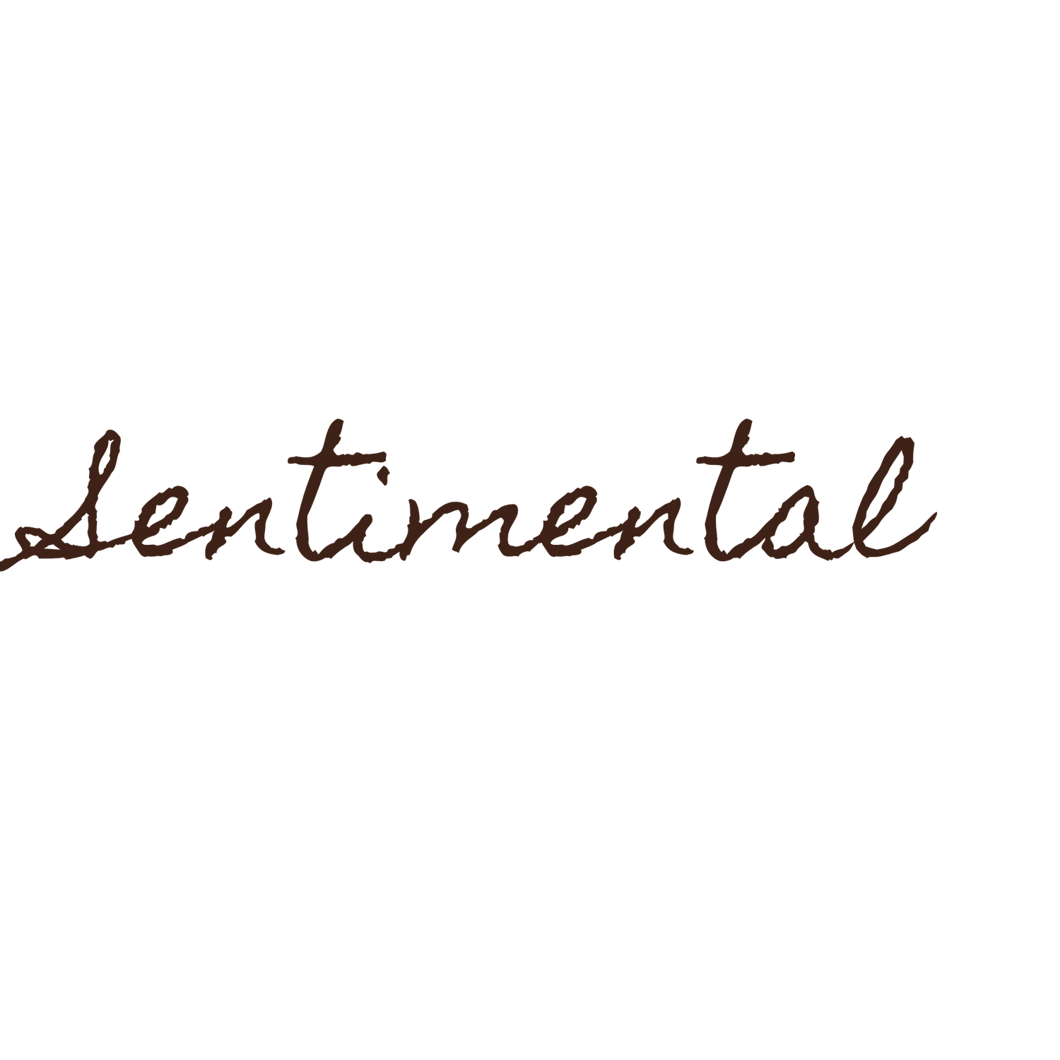 Elegant cursive handwritten text reading Sentimental in brown ink on white background.