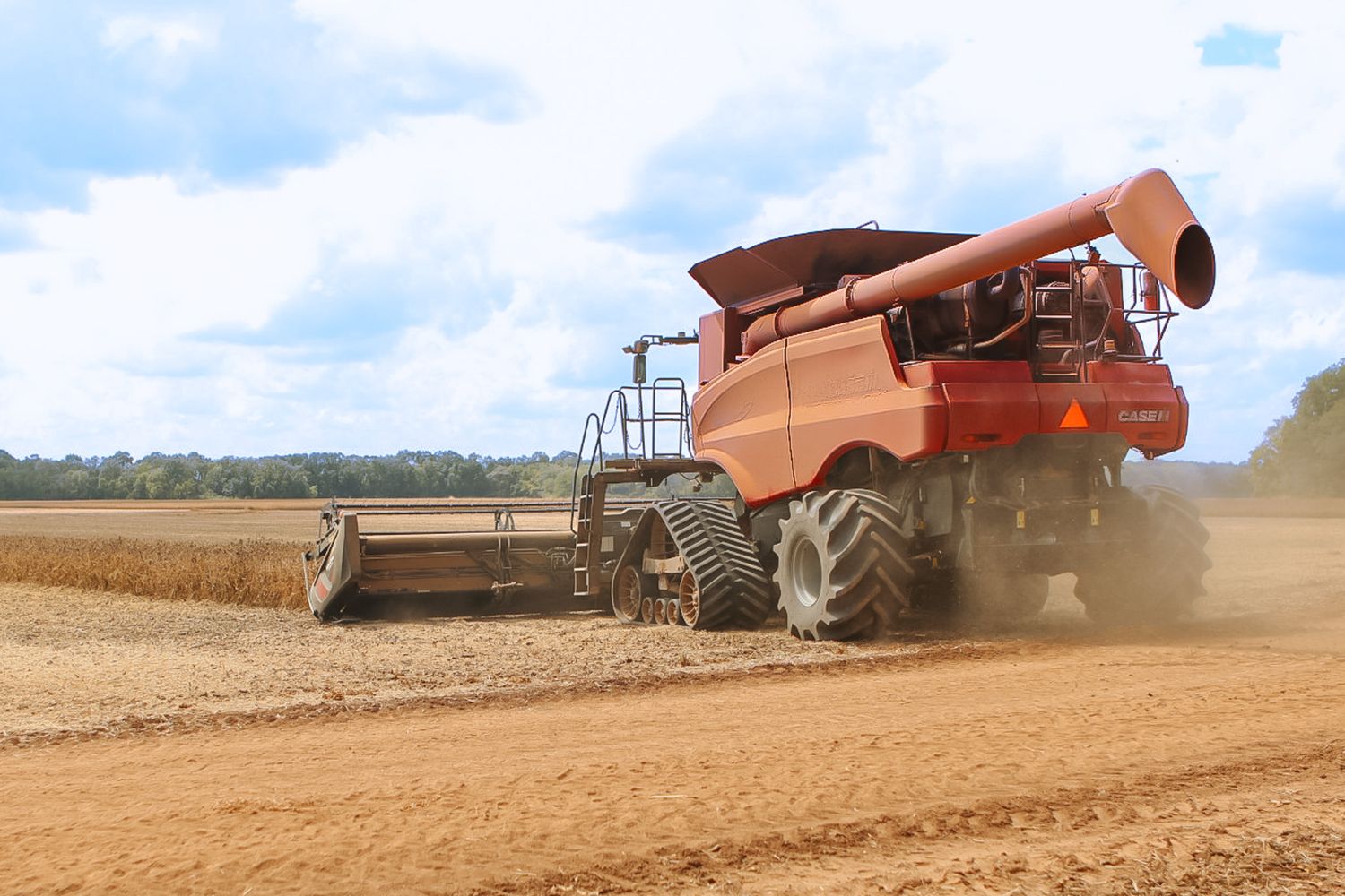 Red Case IH combine harvester working through a dry dusty field during crop harvest season.