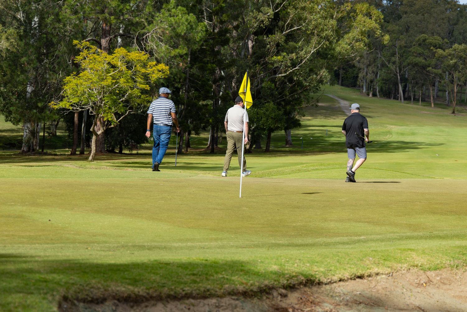 Three golfers walking on a lush green golf course with a yellow flag pin, surrounded by tall trees.