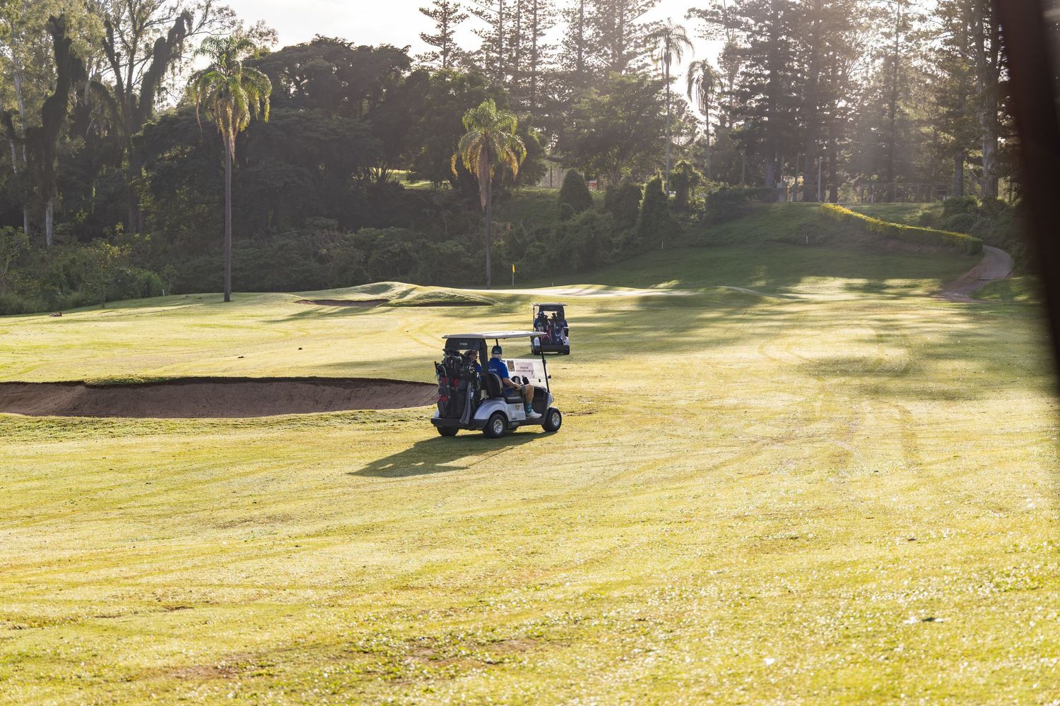 Golf cart driving across a lush green golf course fairway with sand bunkers and palm trees in background.