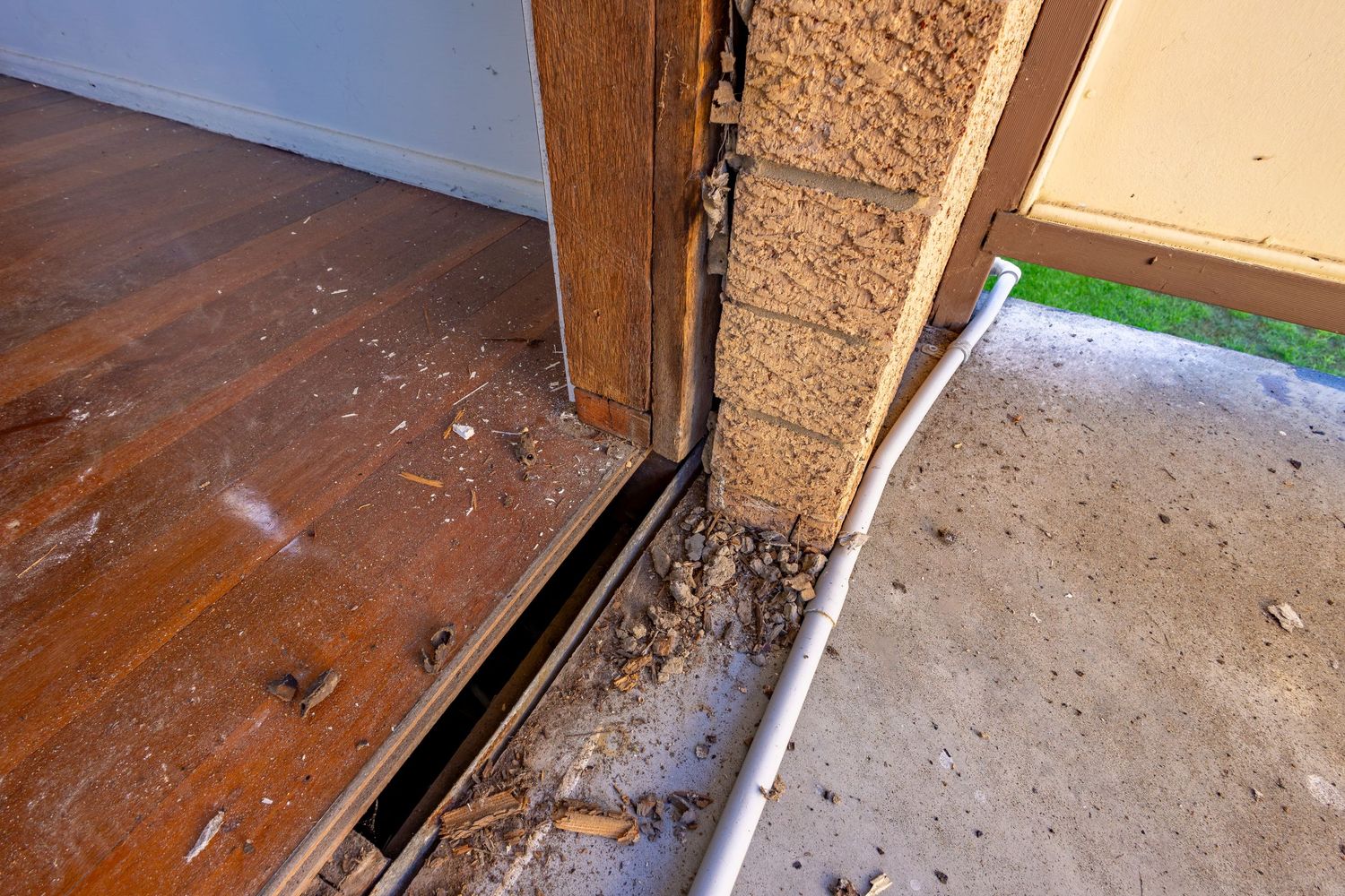 Close-up of a damaged door threshold with debris, dirt buildup, and deteriorating wood flooring at an interior-exterior transition.