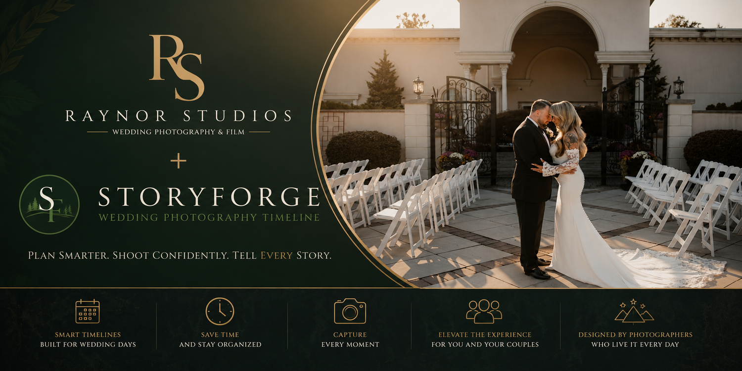 Raynor Studios and StoryForge wedding photography banner featuring an elegant outdoor ceremony with white chairs and a couple.