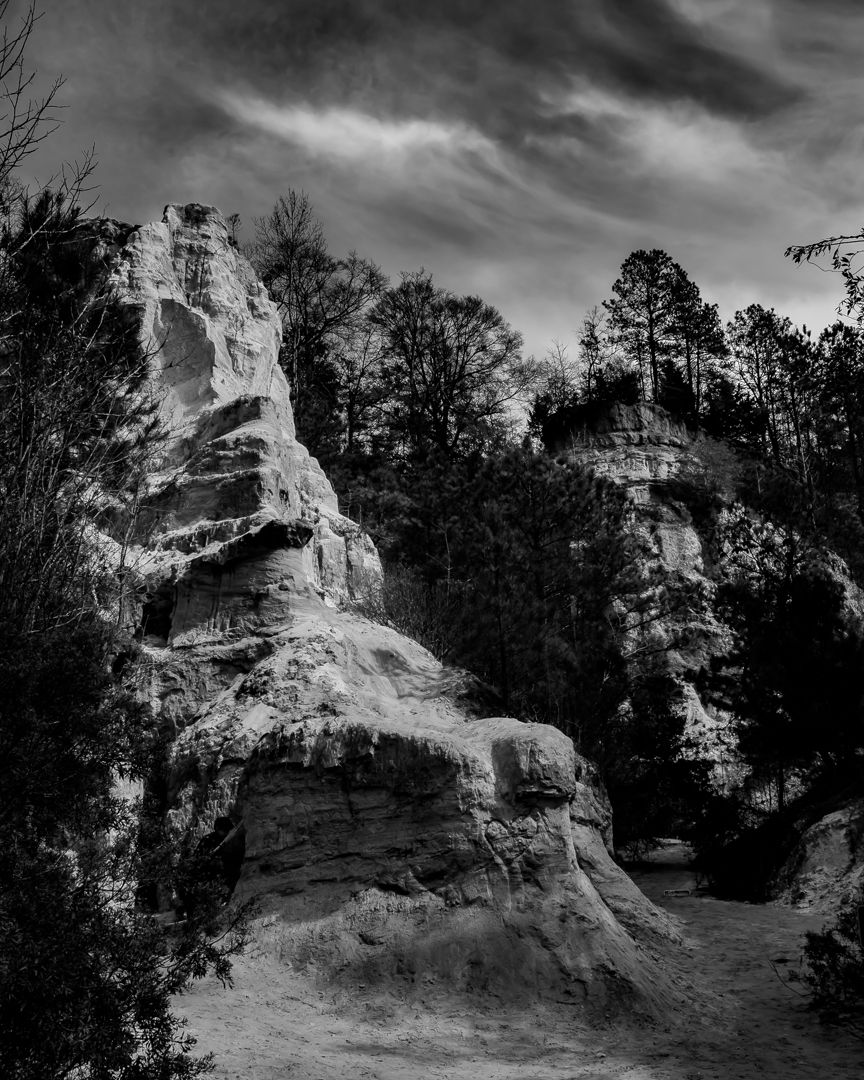 Dramatic black and white eroded rock formations with pine trees under stormy sky.