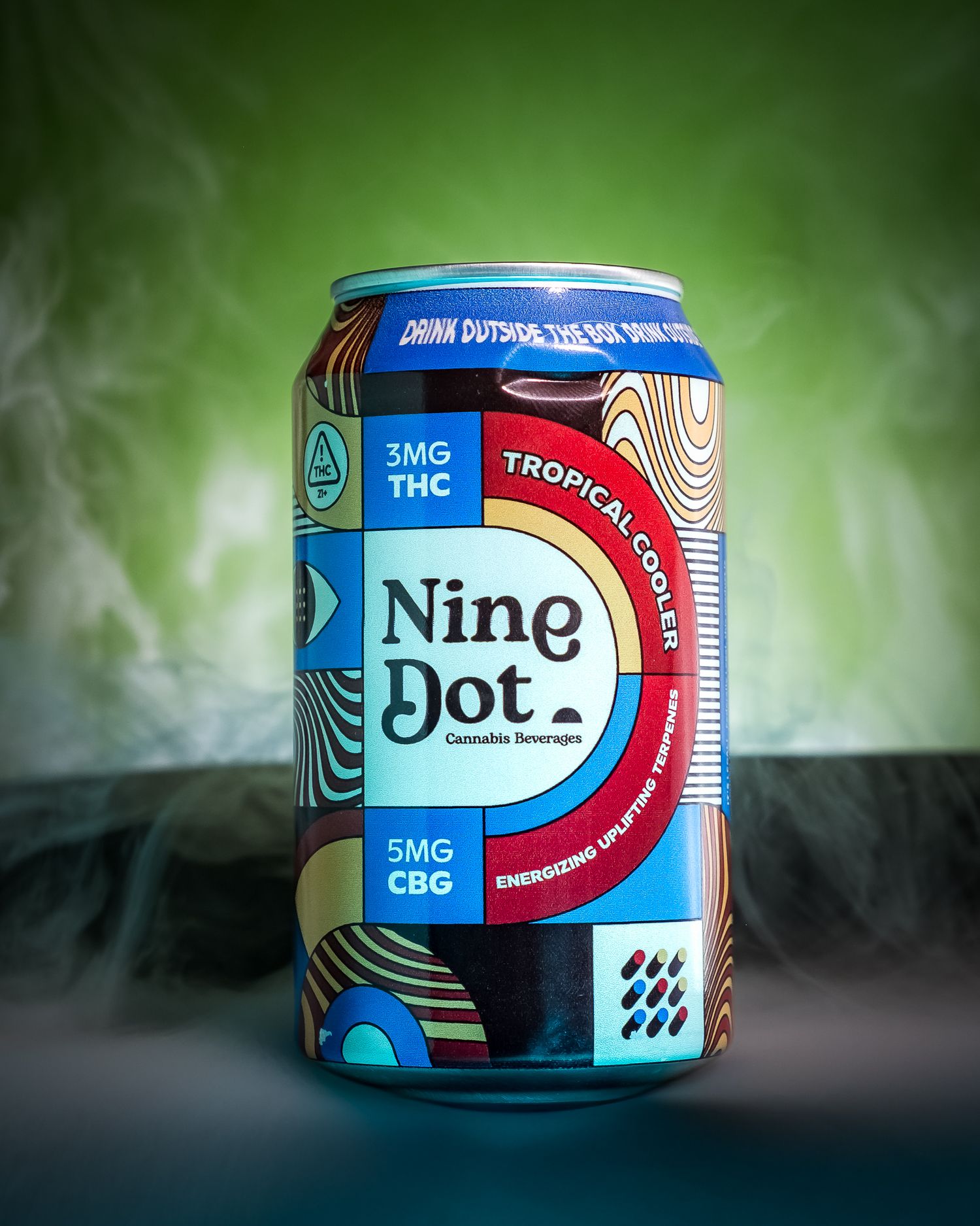 Nine Dot Cannabis Beverages tropical cooler can with 3mg THC and 5mg CBG surrounded by dramatic green smoke.