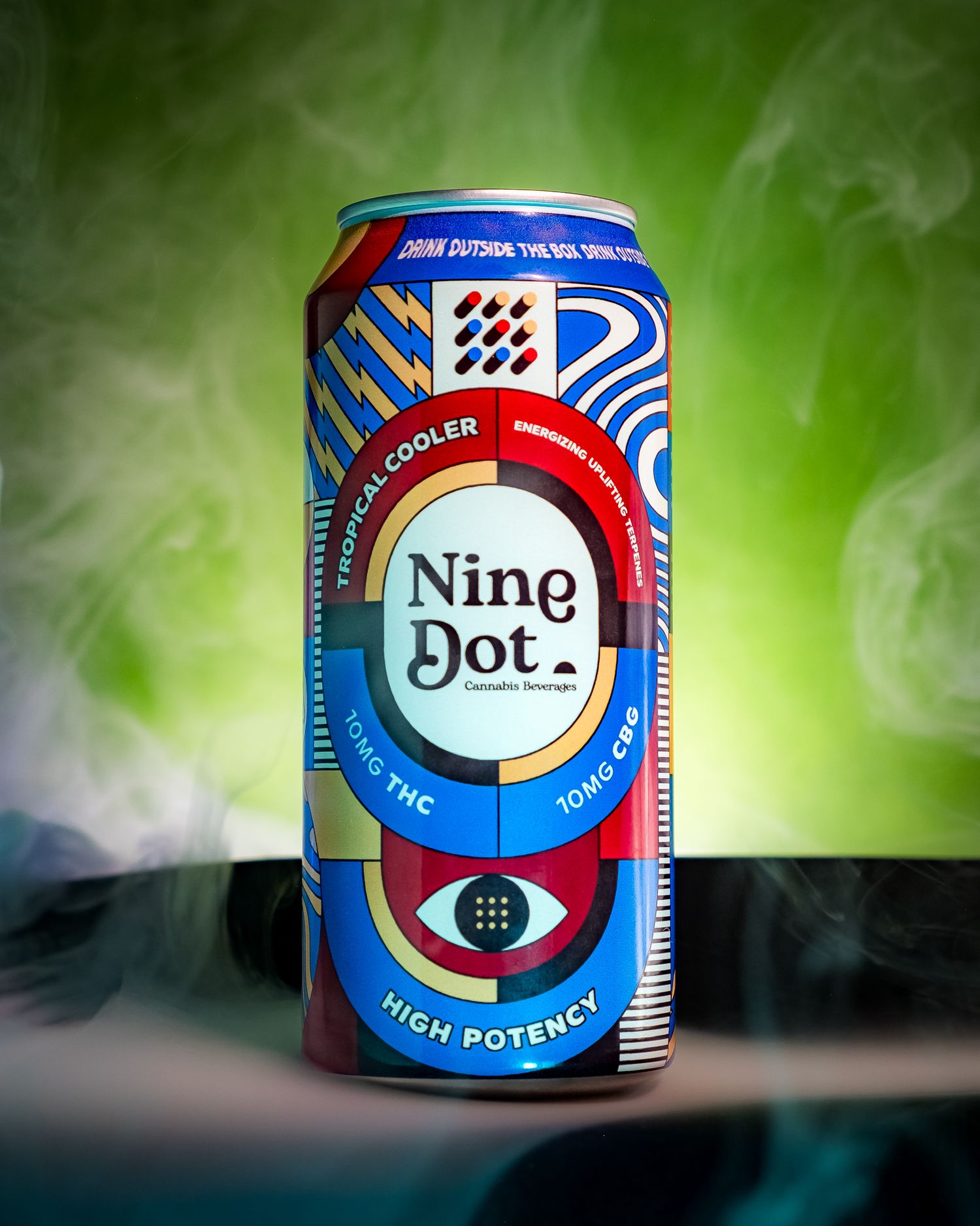Nine Dot Cannabis Beverages tropical cooler tall can with 10mg THC and 10mg CBG surrounded by green smoke.