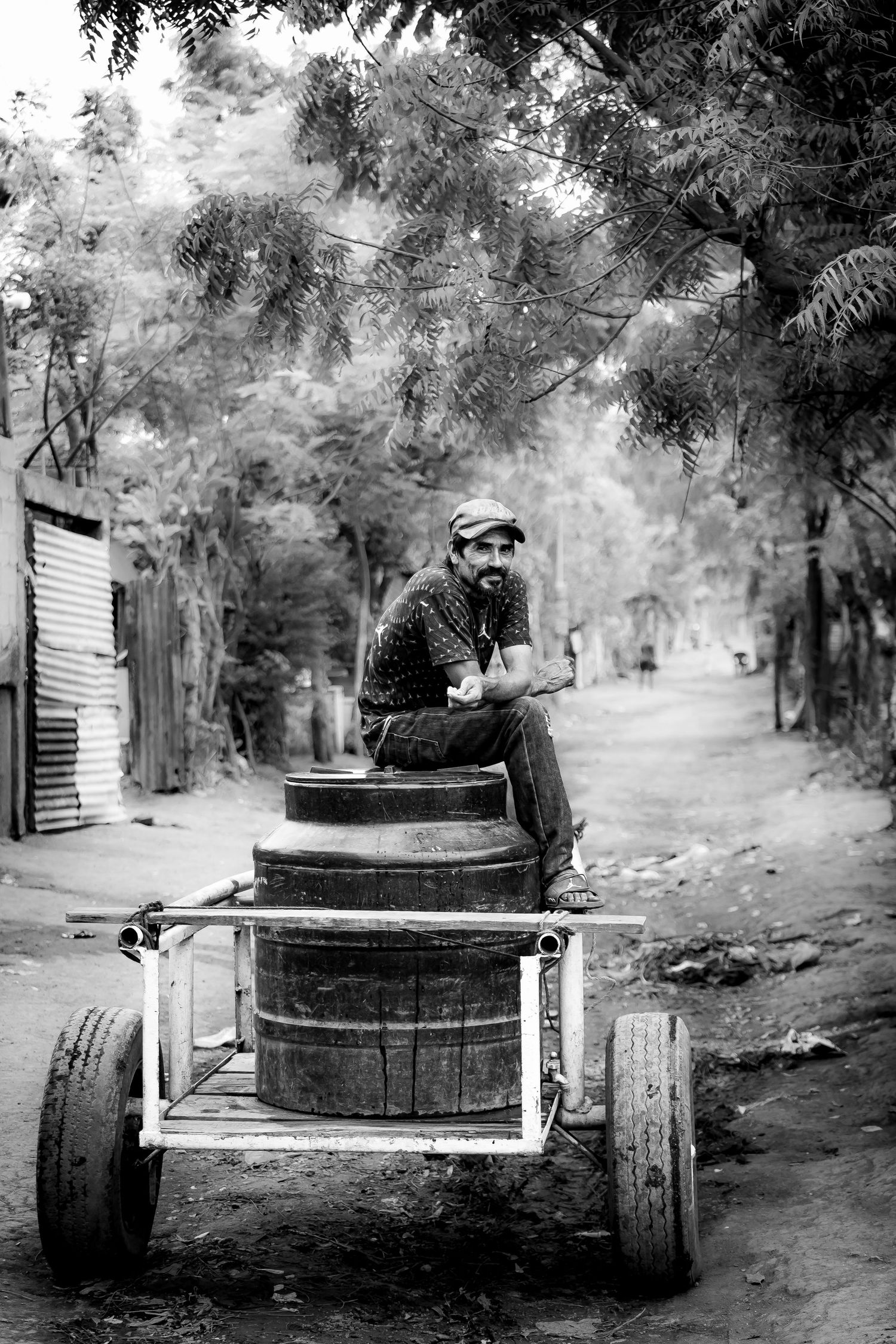 Man sitting atop wooden barrels on a cart along a rural tree-lined road.
