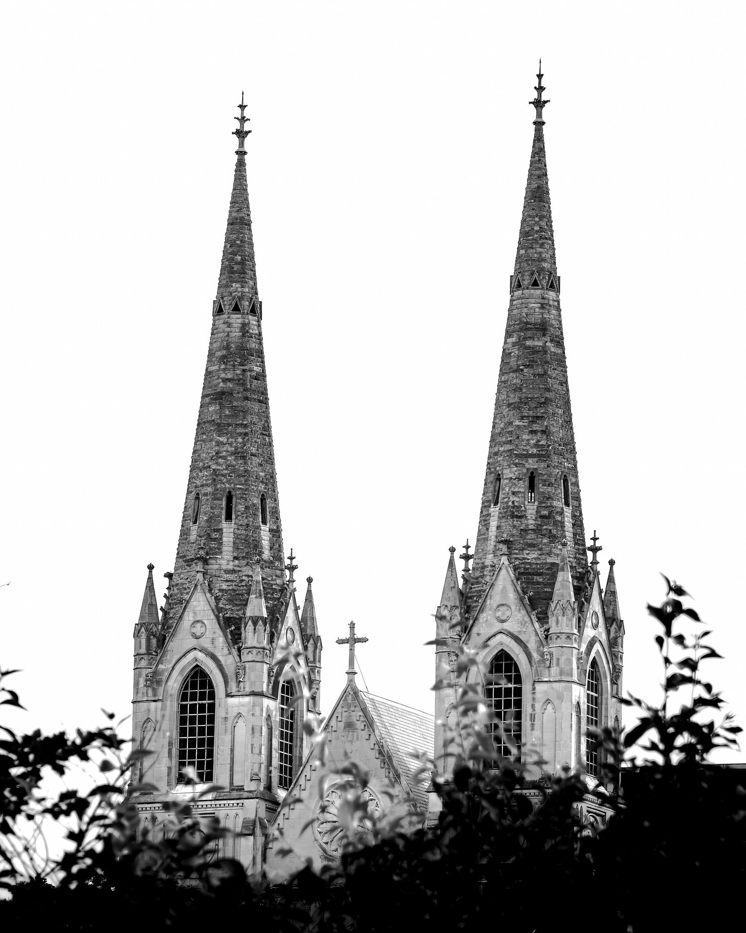 Black and white photo of twin Gothic church spires rising above trees against a bright sky.
