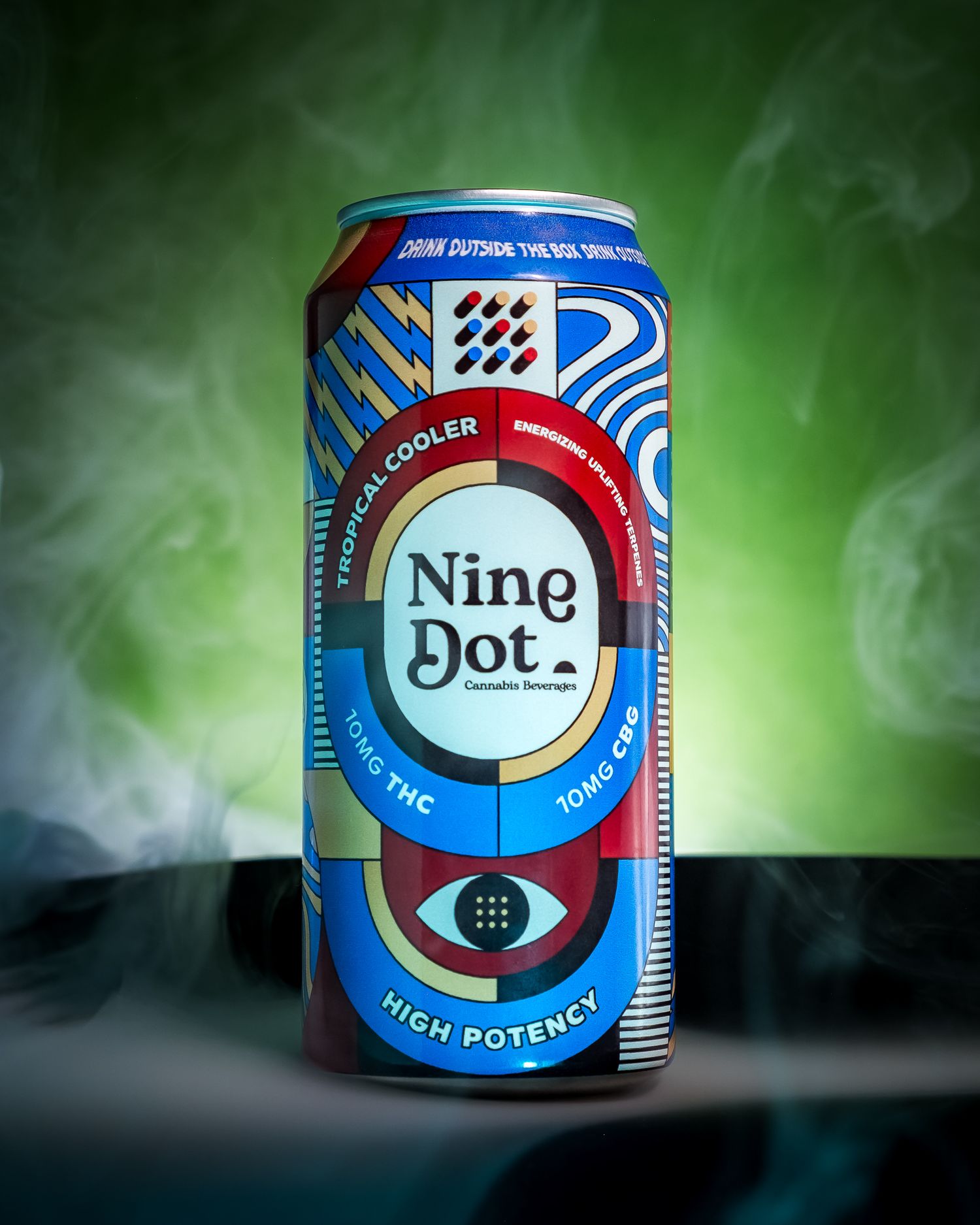 Nine Dot Cannabis Beverages high potency tropical cooler can with 10mg THC and 10mg CBG on dark background.