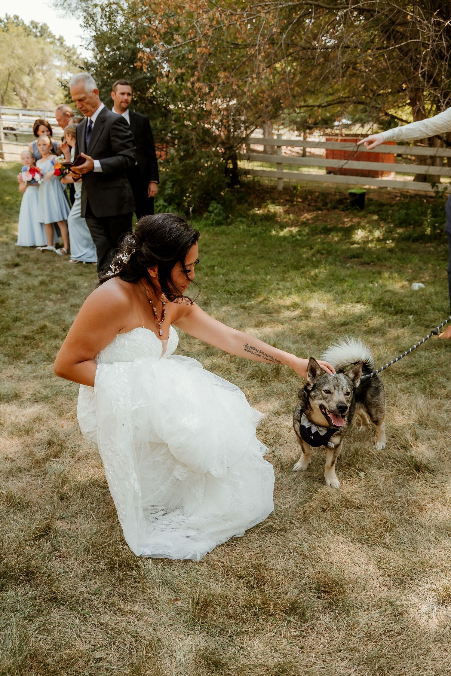 Bride in white gown crouches to pet a dog wearing a bandana at an outdoor wedding ceremony.
