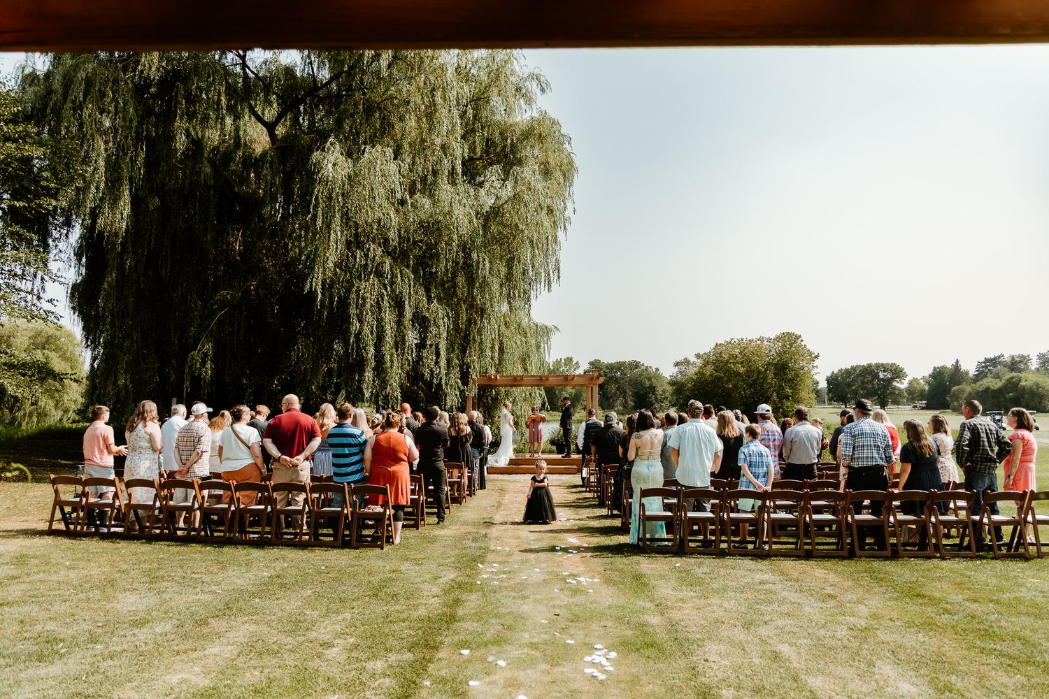 Outdoor wedding ceremony with guests seated on wooden benches beneath a large willow tree on a sunny day.