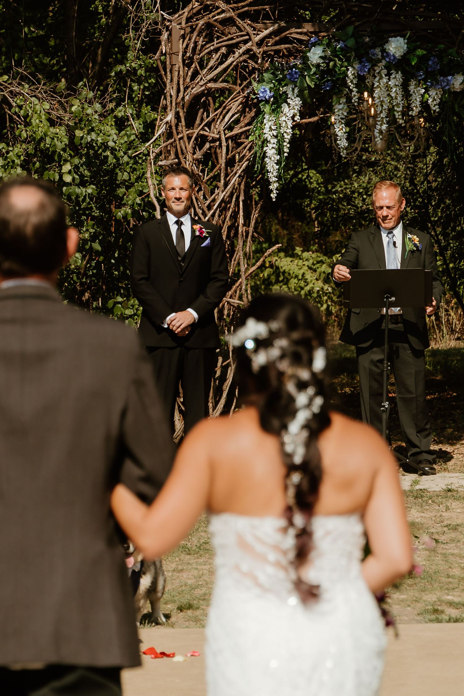 Bride walks toward groom at outdoor wedding ceremony with rustic branch arch decorated with white wisteria and blue flowers.