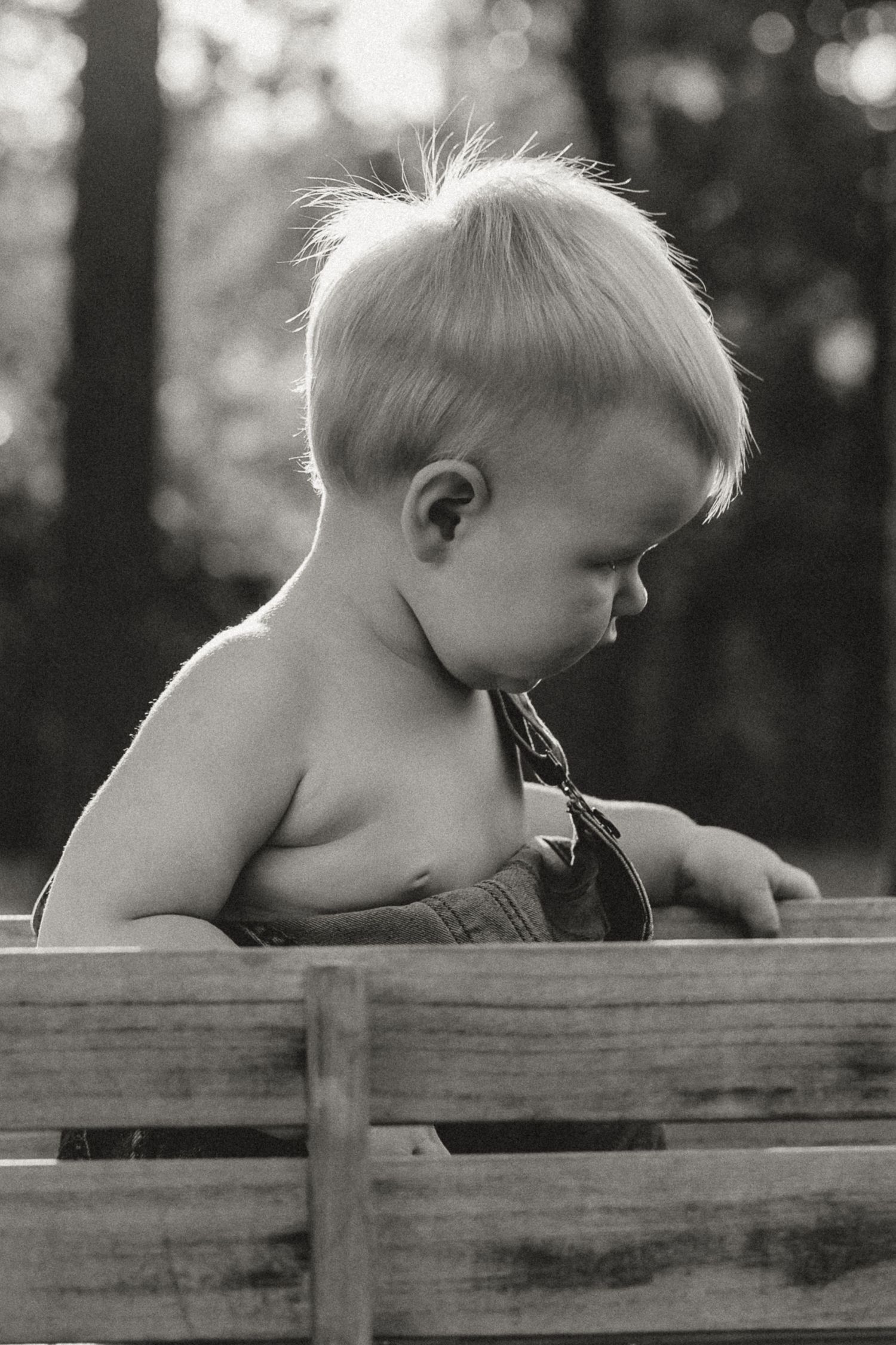 Black and white photo of a young toddler in overalls leaning over a wooden fence outdoors.