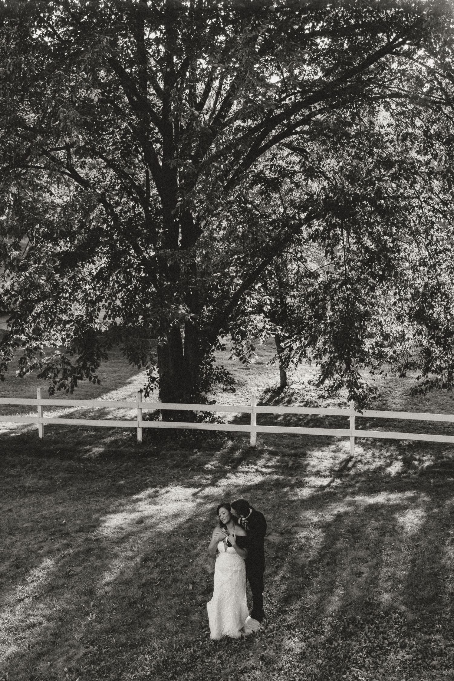 Black and white wedding photo of bride and groom embracing under a large tree by a white fence.