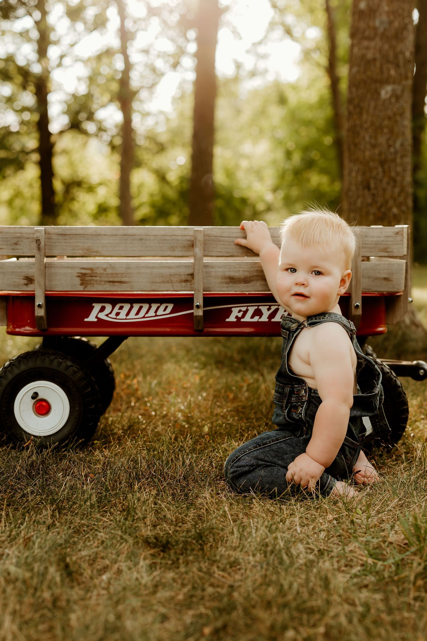 Toddler in denim overalls sitting on grass beside a red Radio Flyer wagon outdoors in golden sunlight.
