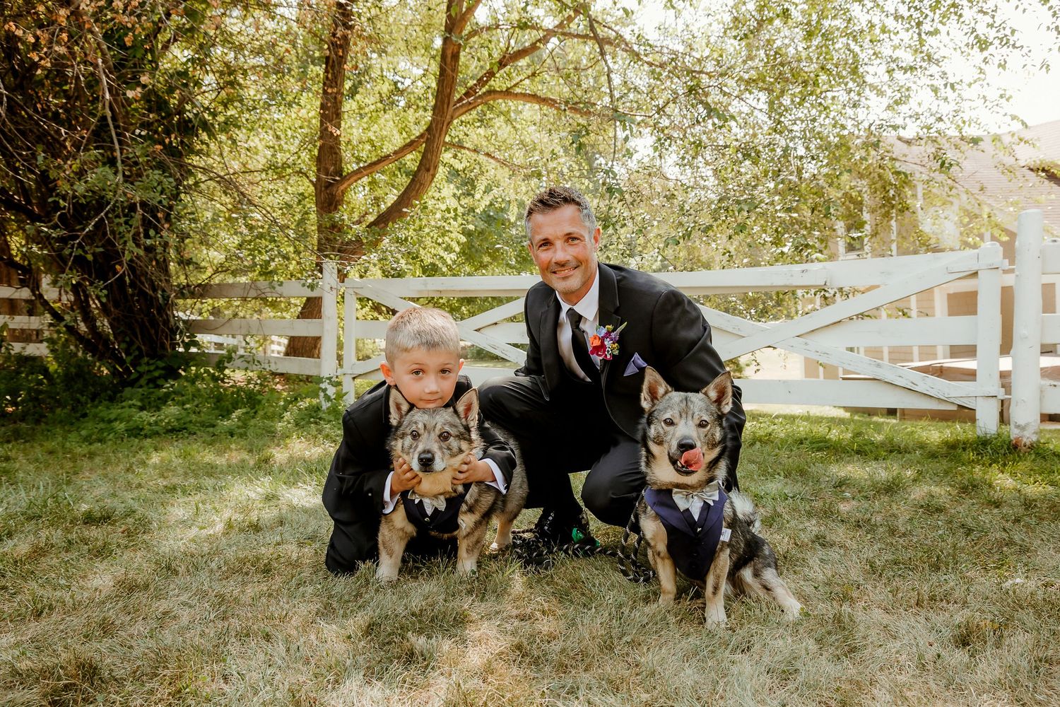 A man and young boy in suits pose with two blue heeler dogs wearing bandanas in front of a white fence.