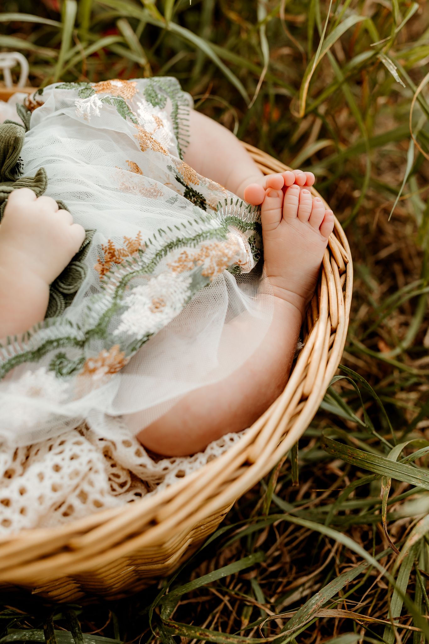 Baby in floral dress lying in wicker basket surrounded by green grass, tiny feet visible.