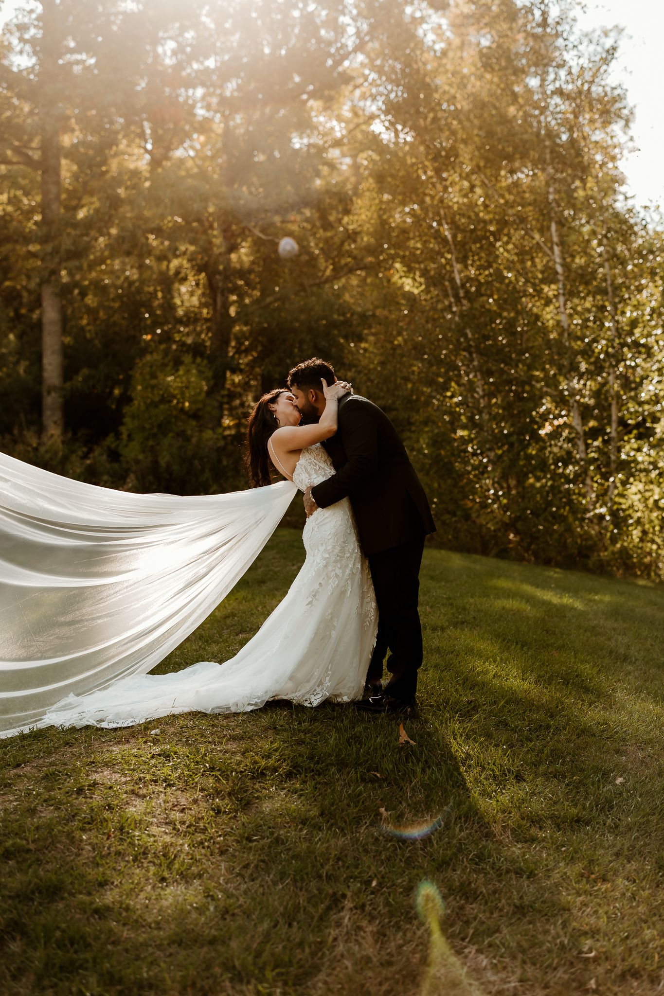 Bride in a lace gown with a long flowing veil kisses her groom in a dark suit on a sunlit grassy lawn surrounded by tall trees.