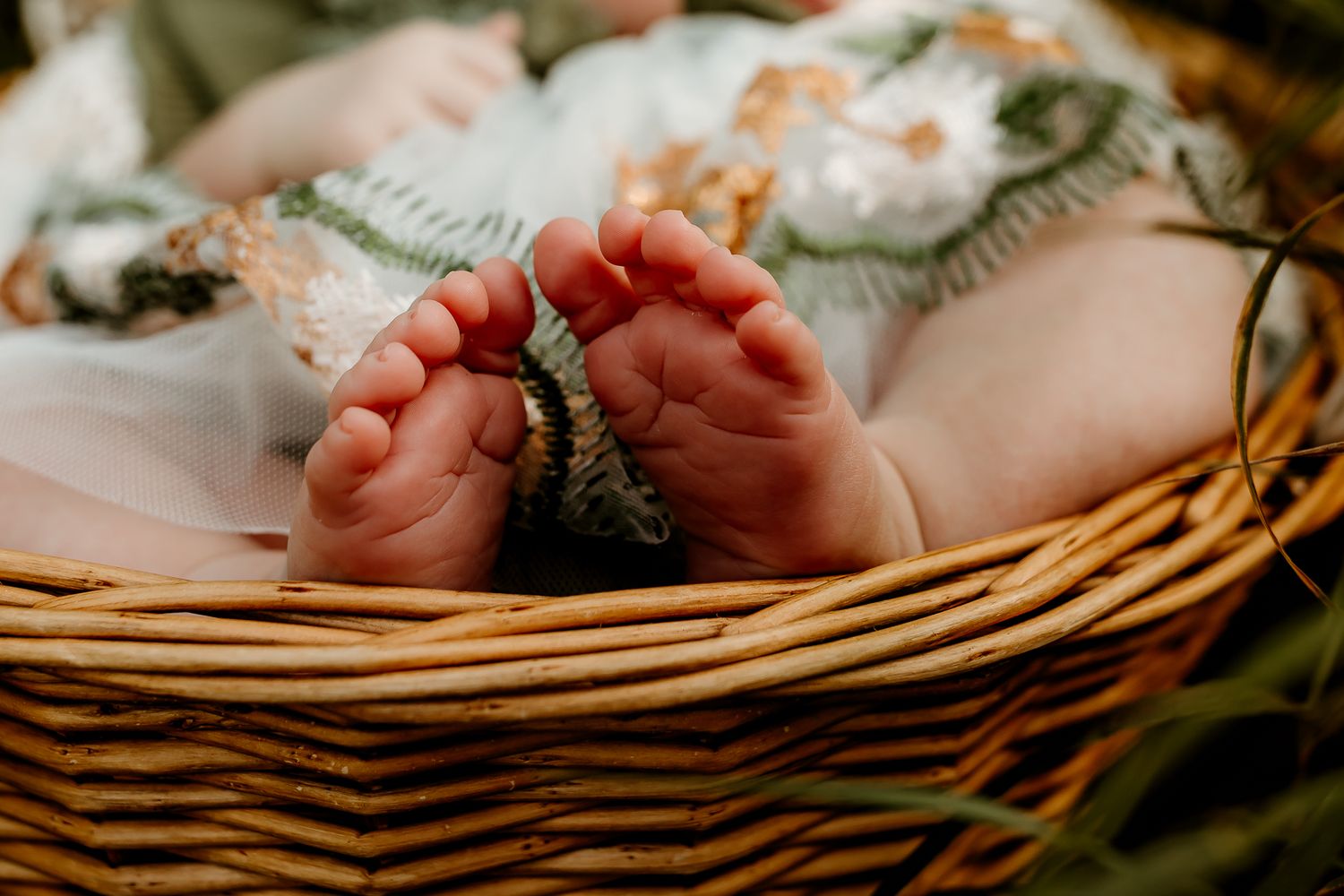 Close-up of tiny newborn baby feet resting in a wicker basket with a floral outfit.