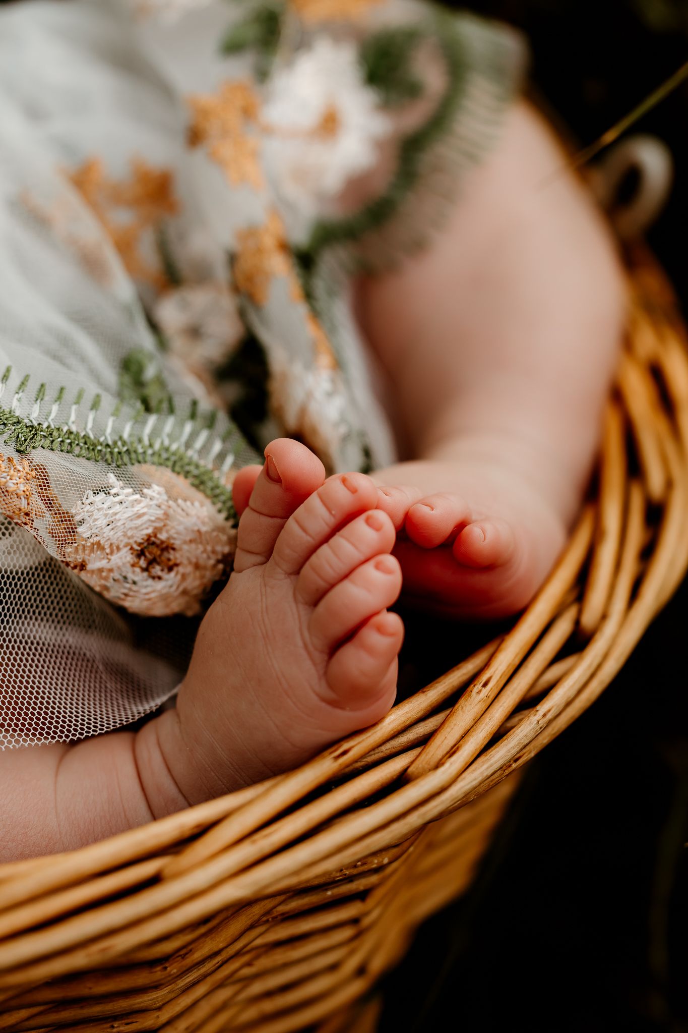 Close-up of tiny newborn baby feet resting in a wicker basket, with floral embroidered fabric in background.