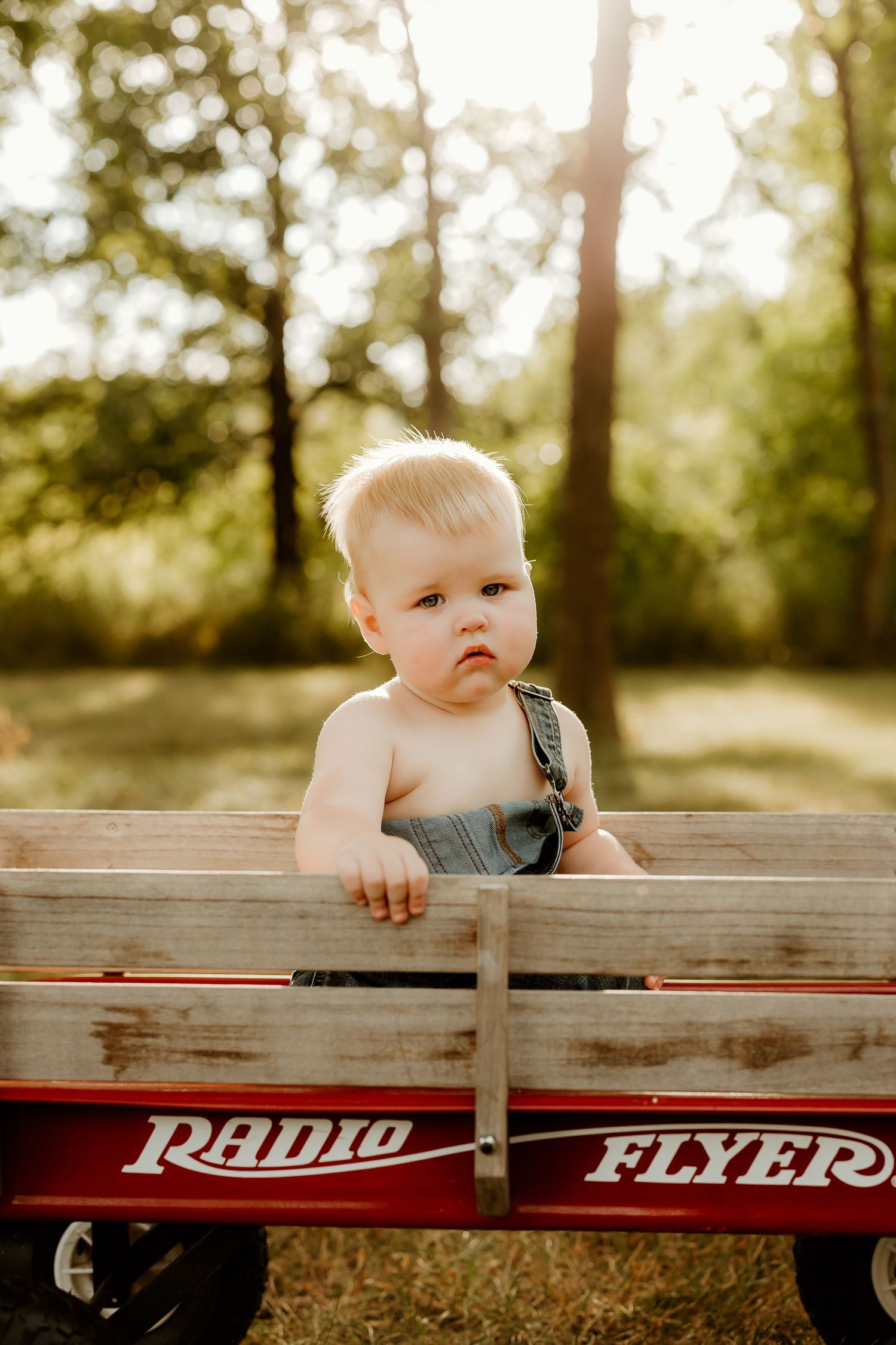 Blonde toddler in denim overalls sitting in a classic red Radio Flyer wagon outdoors in golden sunlight.