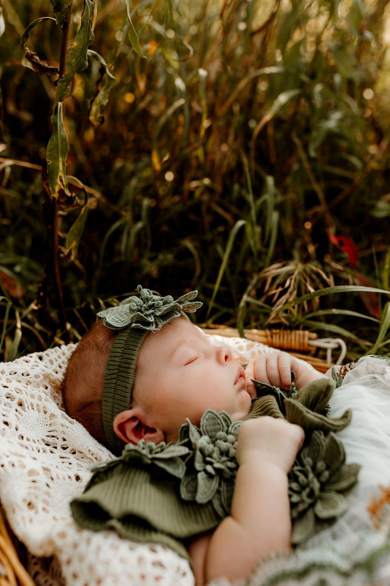 Sleeping newborn baby in green floral outfit and matching hat, nestled in a basket among tall grass outdoors.