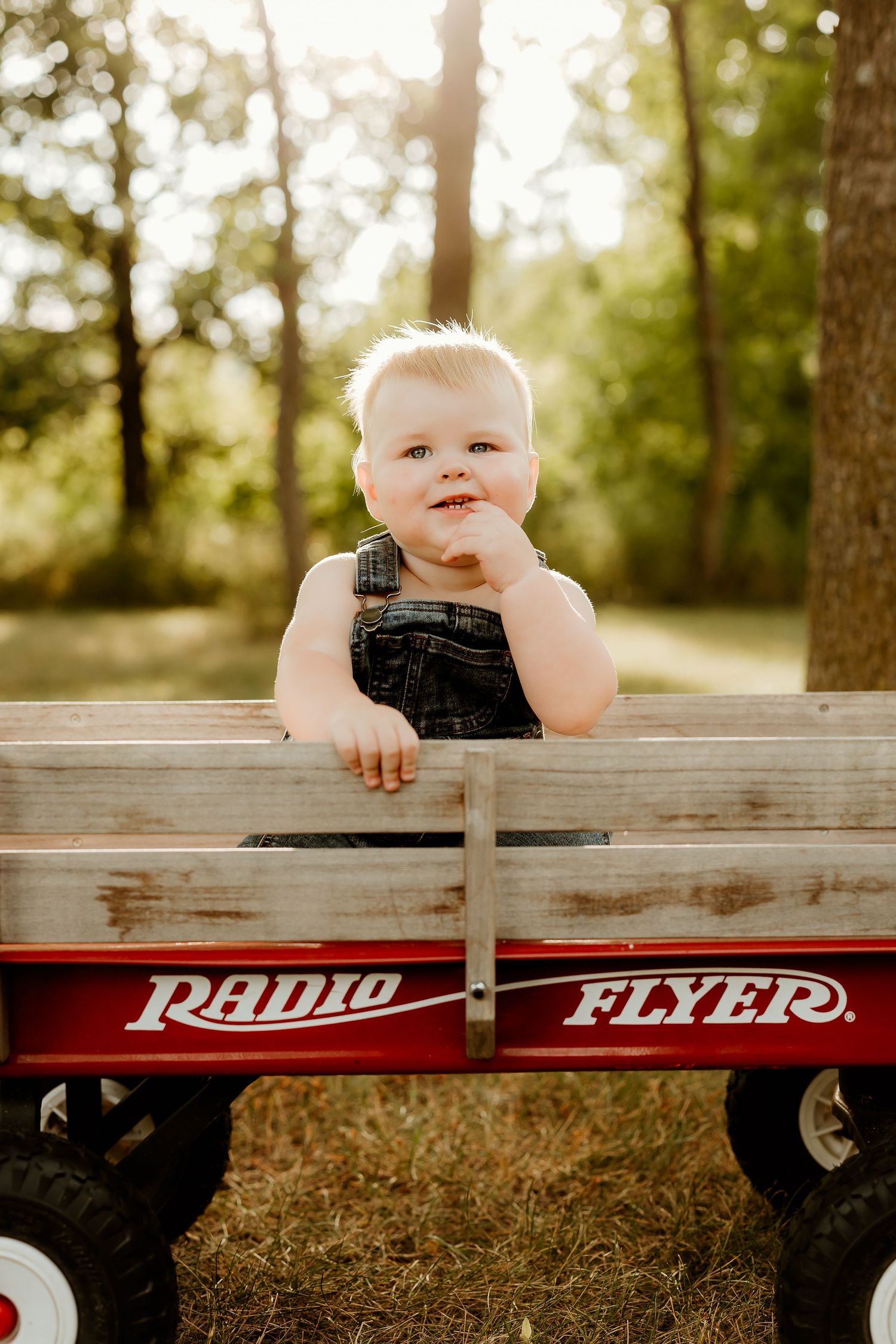 A smiling baby in denim overalls sits inside a classic red Radio Flyer wagon outdoors among green trees.