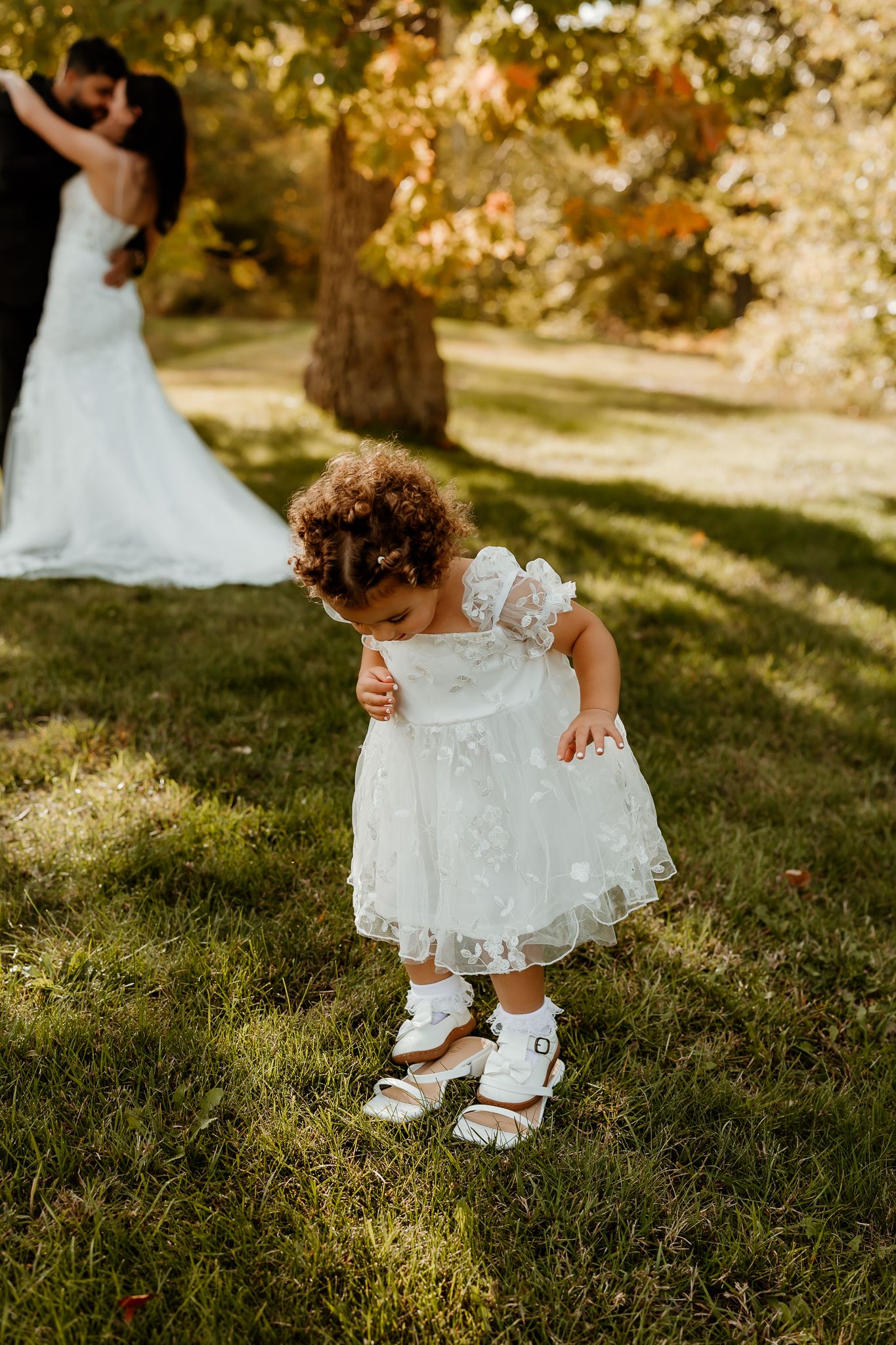 Toddler in a white lace dress and sandals looks down on a sunny lawn while a bride and groom embrace in the background.
