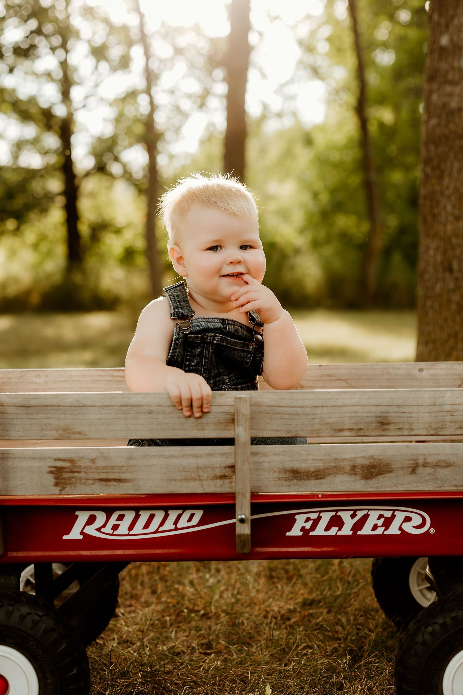 Smiling toddler in denim overalls sitting in a classic red Radio Flyer wagon outdoors in a sunny park.