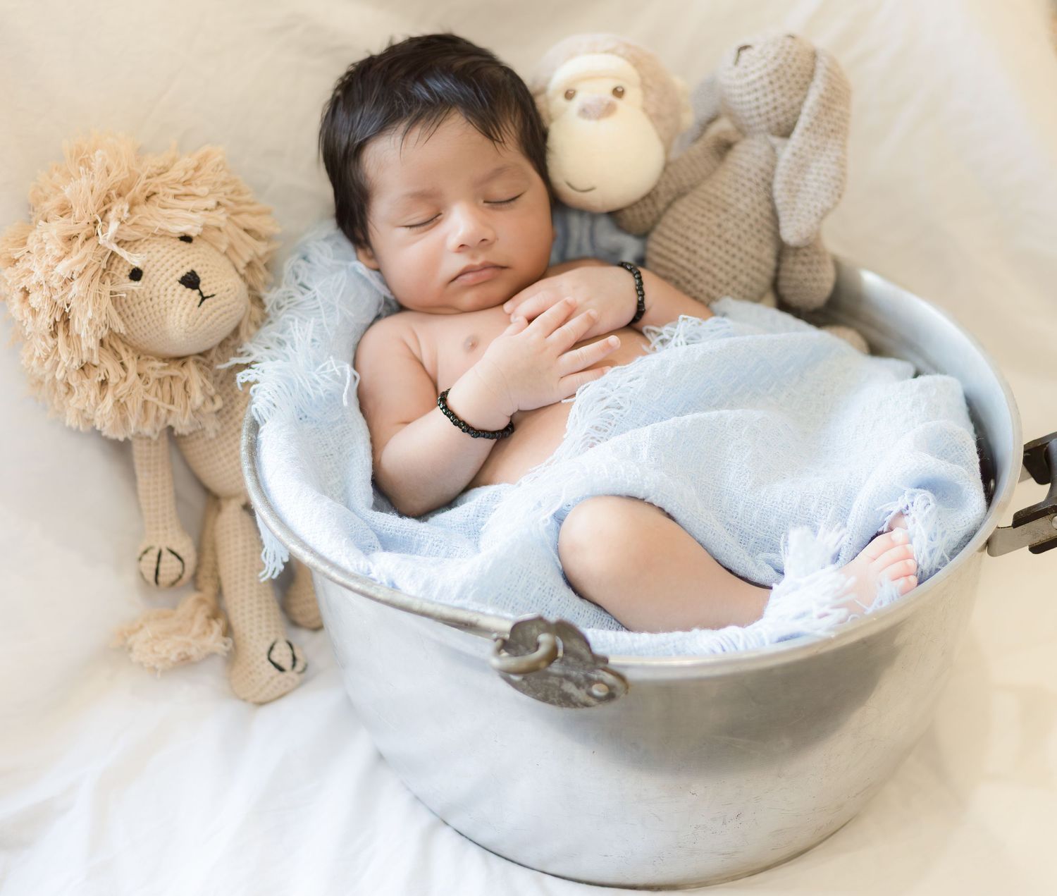 Adorable newborn baby sleeping in a vintage metal bucket surrounded by plush stuffed animal toys.