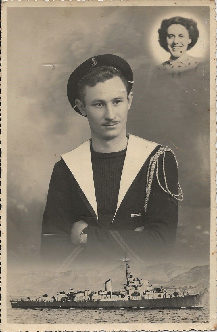 Vintage composite photo of a sailor in uniform with a warship and a woman's portrait inset, sepia-toned.