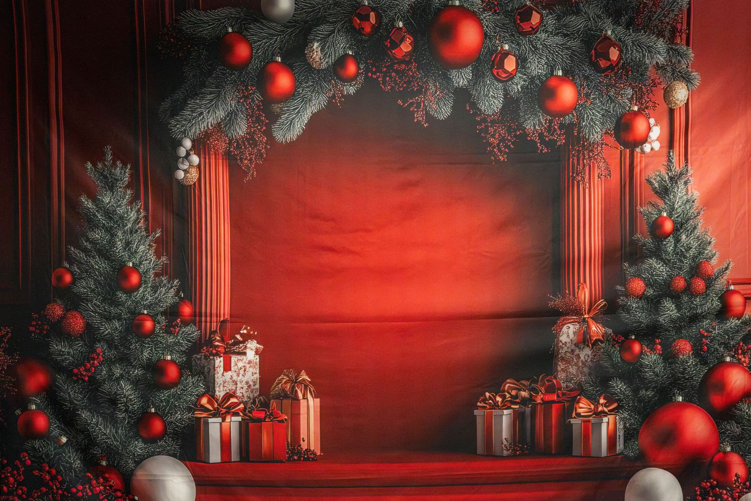 Red Christmas backdrop with decorated evergreen trees, red baubles, and wrapped gift boxes framing a festive holiday stage.