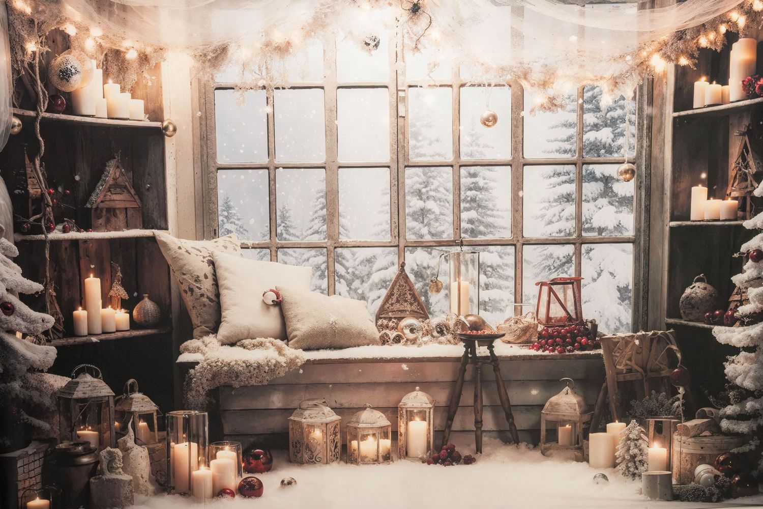 Cozy Christmas window seat with cushions, glowing lanterns, candles, and string lights overlooking a snowy winter forest backdrop.