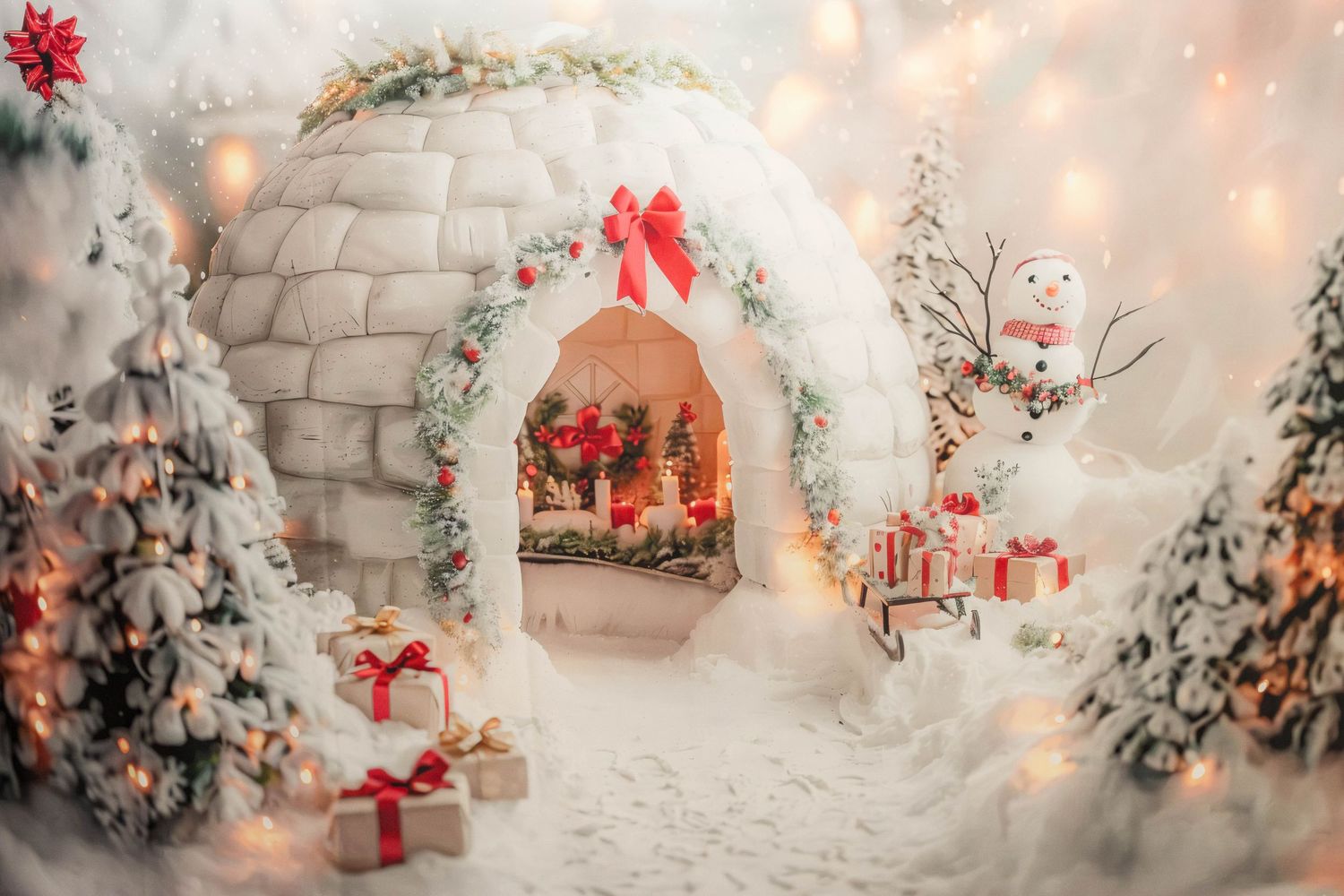 Festive Christmas igloo backdrop with a red bow wreath, glowing interior, snowman, wrapped gifts and snowy evergreen trees.