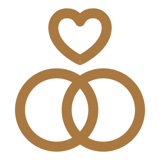 Gold wedding rings interlinked with a heart symbol icon on white background.