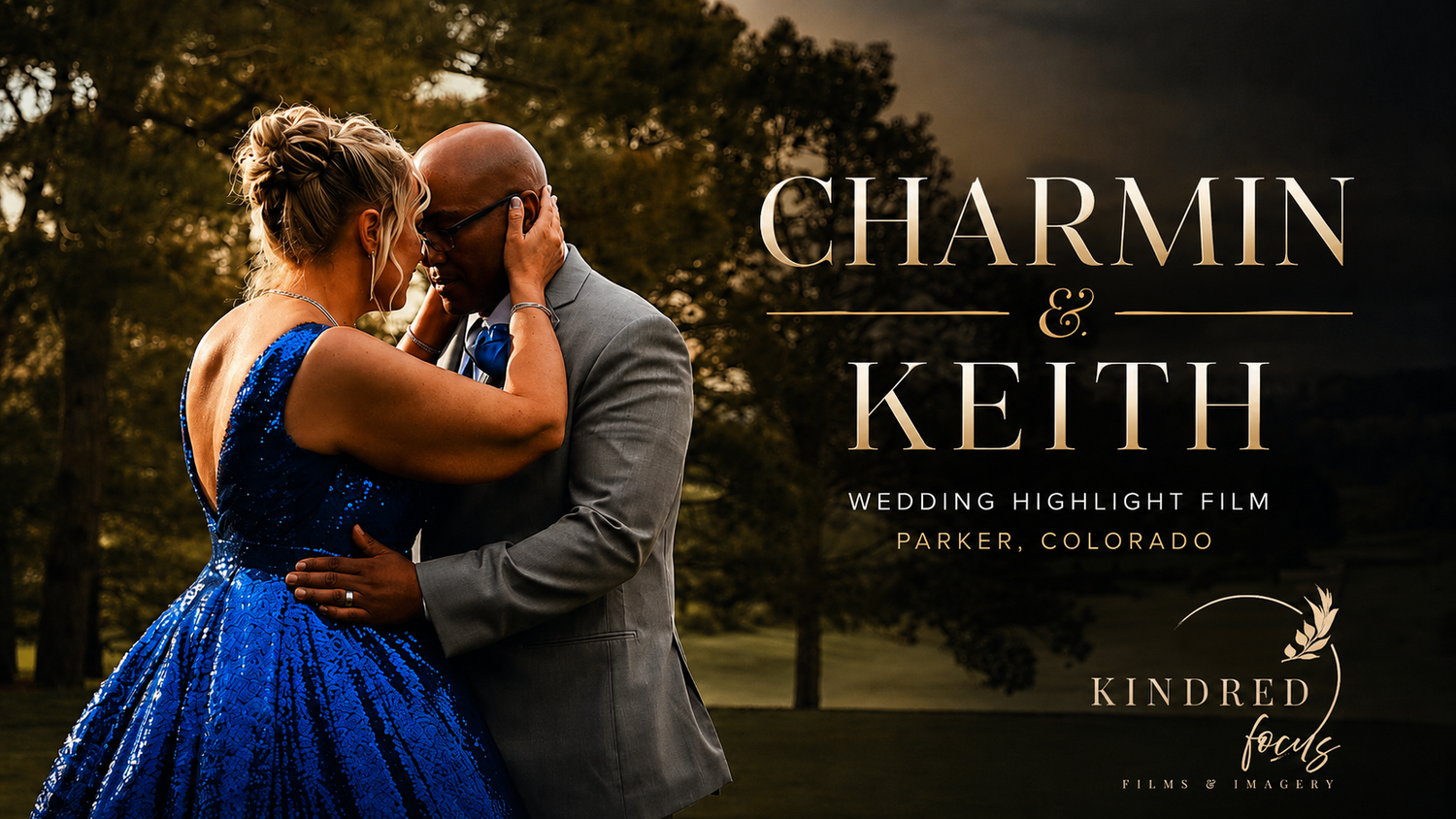 Charmin and Keith wedding highlight film in Parker, Colorado, couple embracing outdoors at dusk by Kindred Feels Films.
