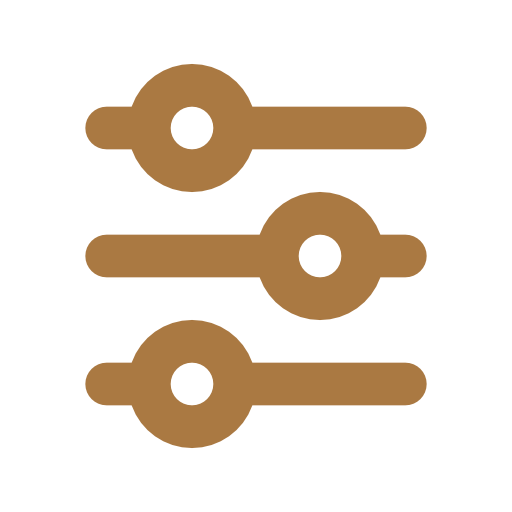 Gold minimalist icon of three horizontal sliders with circular handles, representing settings or filter controls.