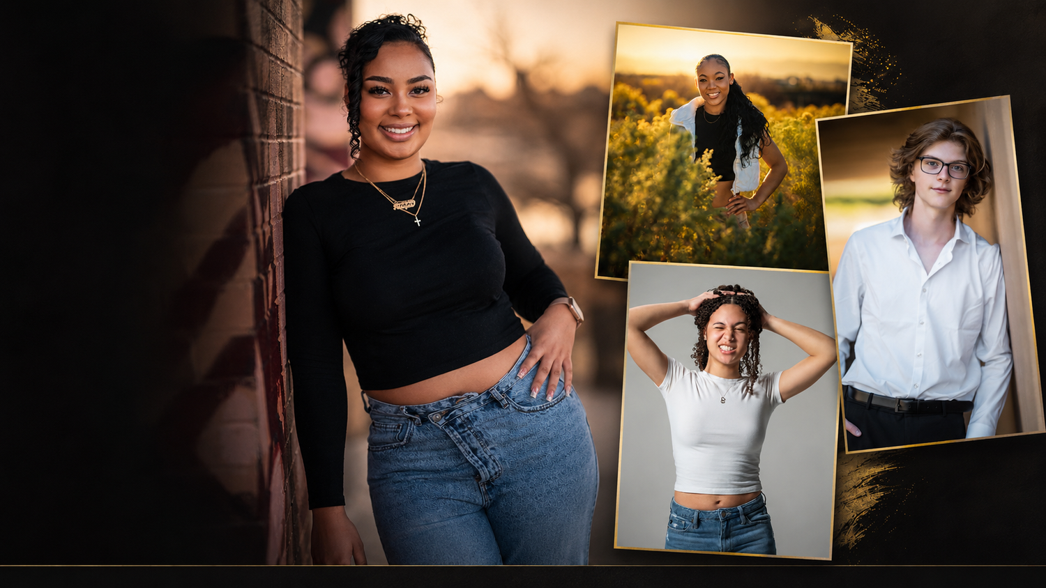 Senior portrait collage featuring young woman in black crop top with golden hour photography.