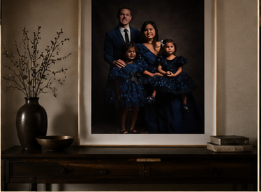 Elegant family portrait in matching navy blue outfits displayed in a framed wall art on a wooden console.