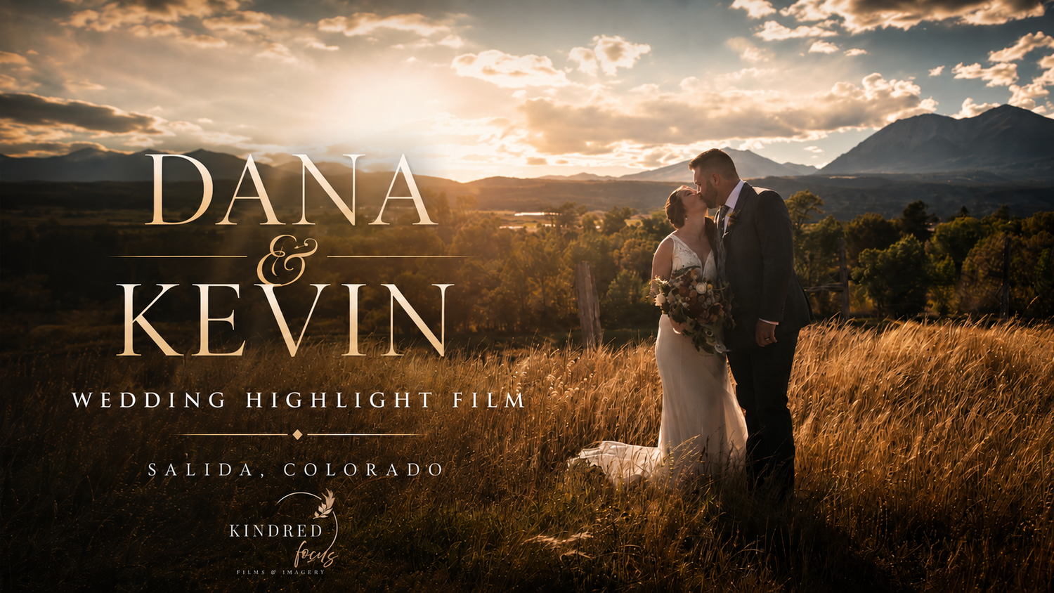 Dana and Kevin wedding highlight film in Salida, Colorado, couple embracing in golden field with mountain sunset backdrop.