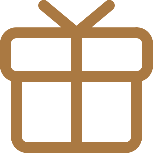 Gold outline gift box icon with bow on white background symbolizing presents and celebration.