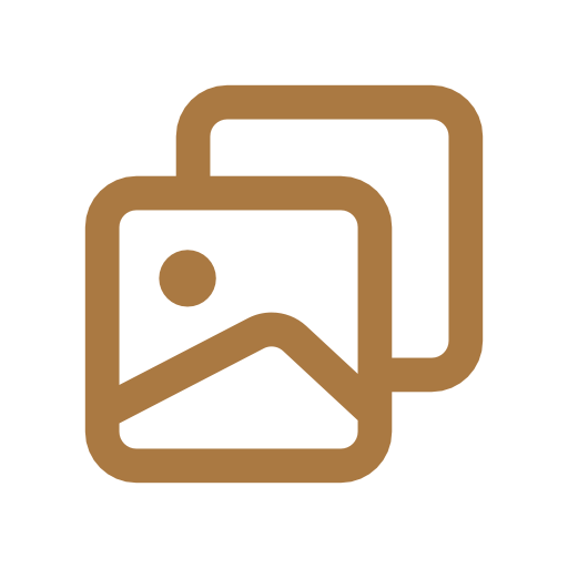 Gold outlined duplicate photo gallery icon on a white background.